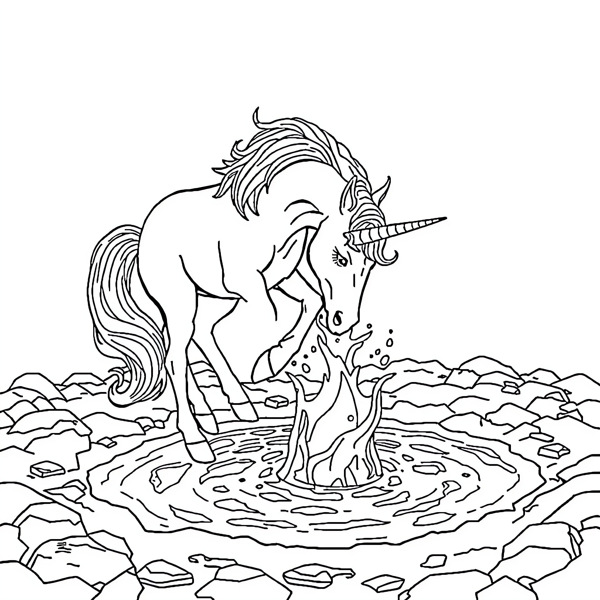 Unicorn gazing into magical pond Coloring Page (free black-and-white line drawing printable PDF for all, from beginners to advanced learners, including children, teens, adults, and seniors)