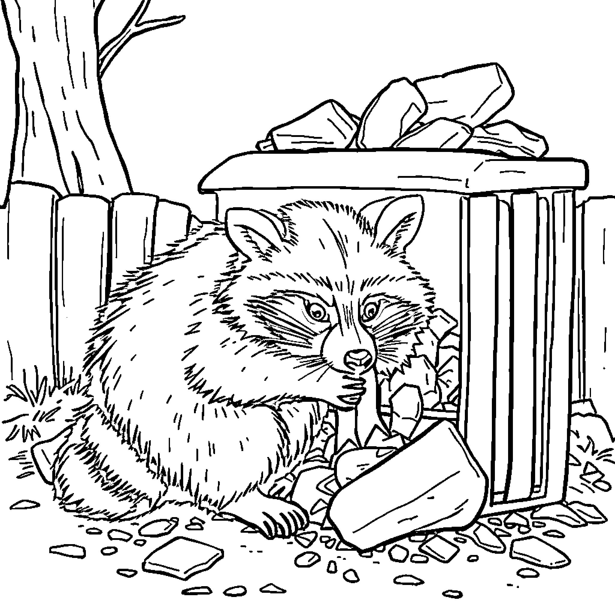 Raccoon rummaging through a pile of debris Coloring Page (free black-and-white line drawing printable PDF for all, from beginners to advanced learners, including children, teens, adults, and seniors)