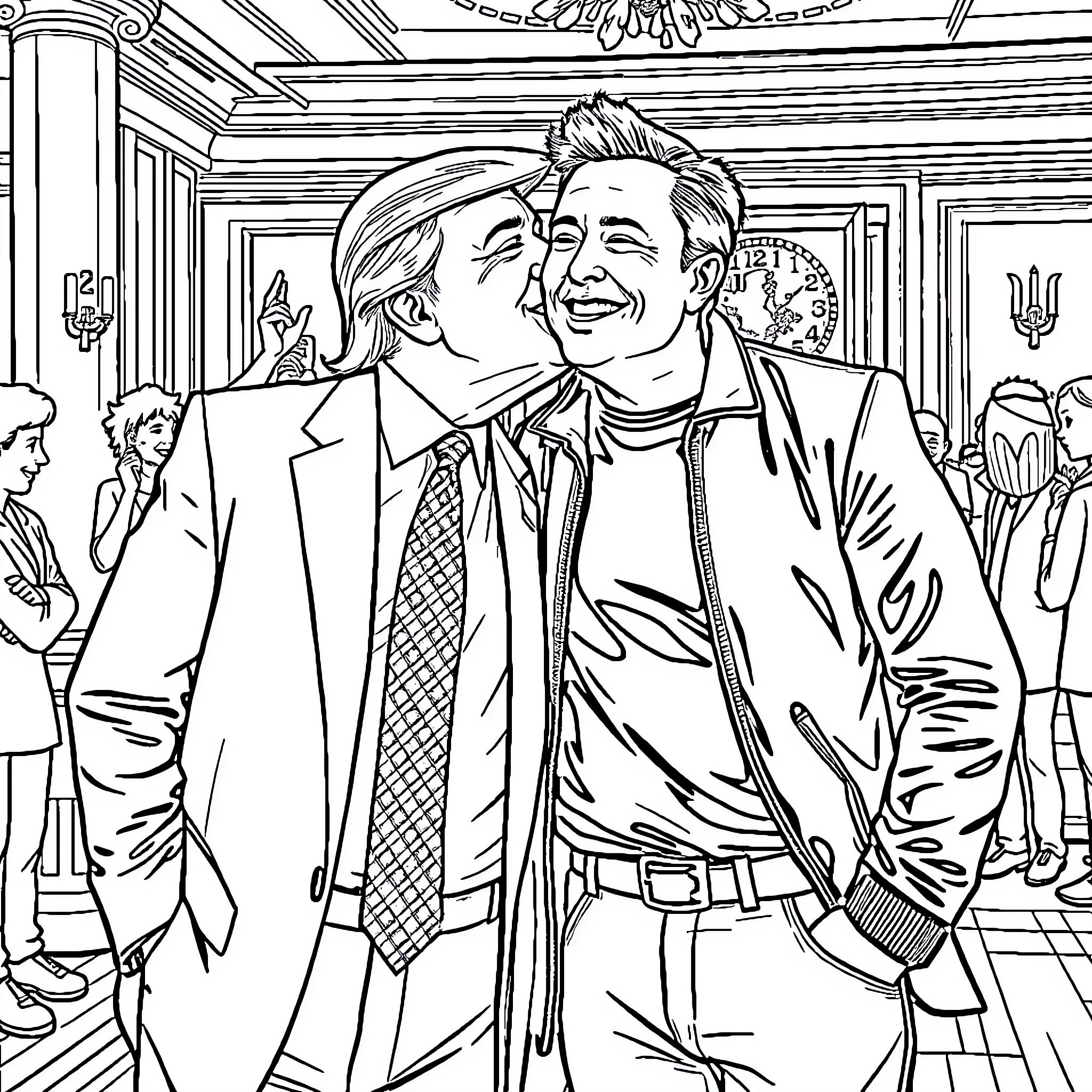 Donald Trump and Hillary Clinton embracing in a celebratory scene Coloring Page (free black-and-white line drawing printable PDF for all, from beginners to advanced learners, including children, teens, adults, and seniors)