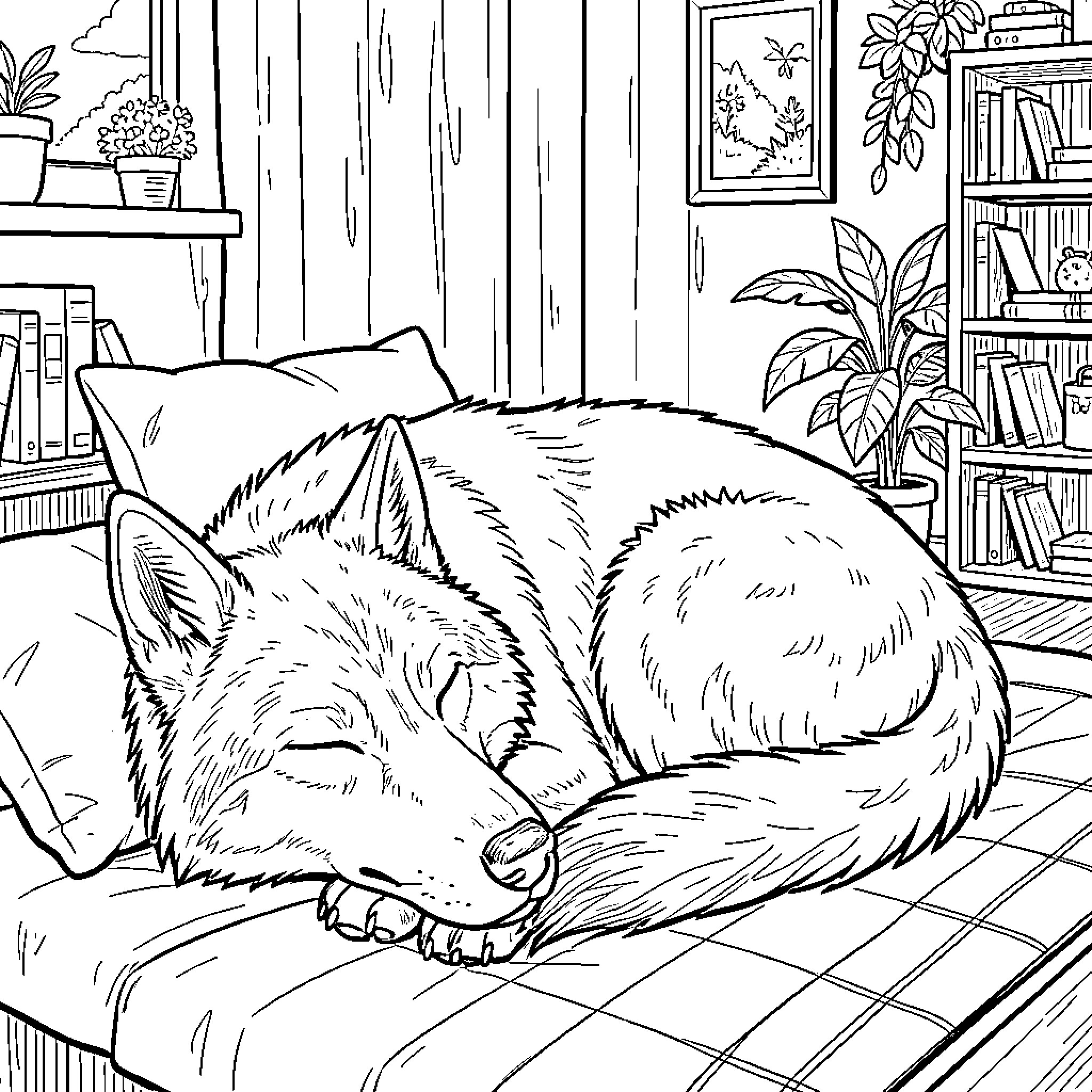 Wolf sleeping peacefully on a cozy bed Coloring Page (free black-and-white line drawing printable PDF for all, from beginners to advanced learners, including children, teens, adults, and seniors)