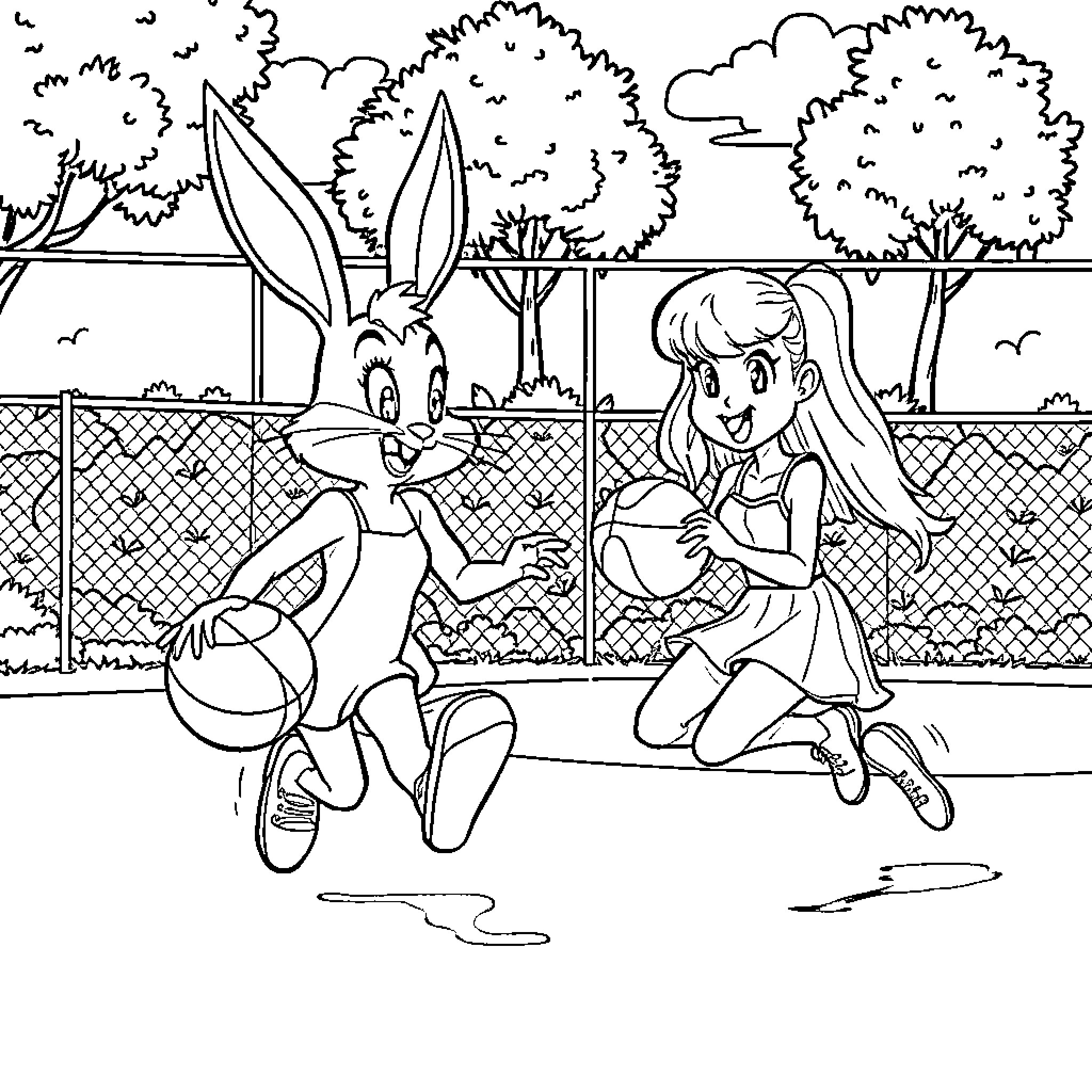Lola Bunny and Girl Playing Together in Park Coloring Page (free black-and-white line drawing printable PDF for all, from beginners to advanced learners, including children, teens, adults, and seniors)