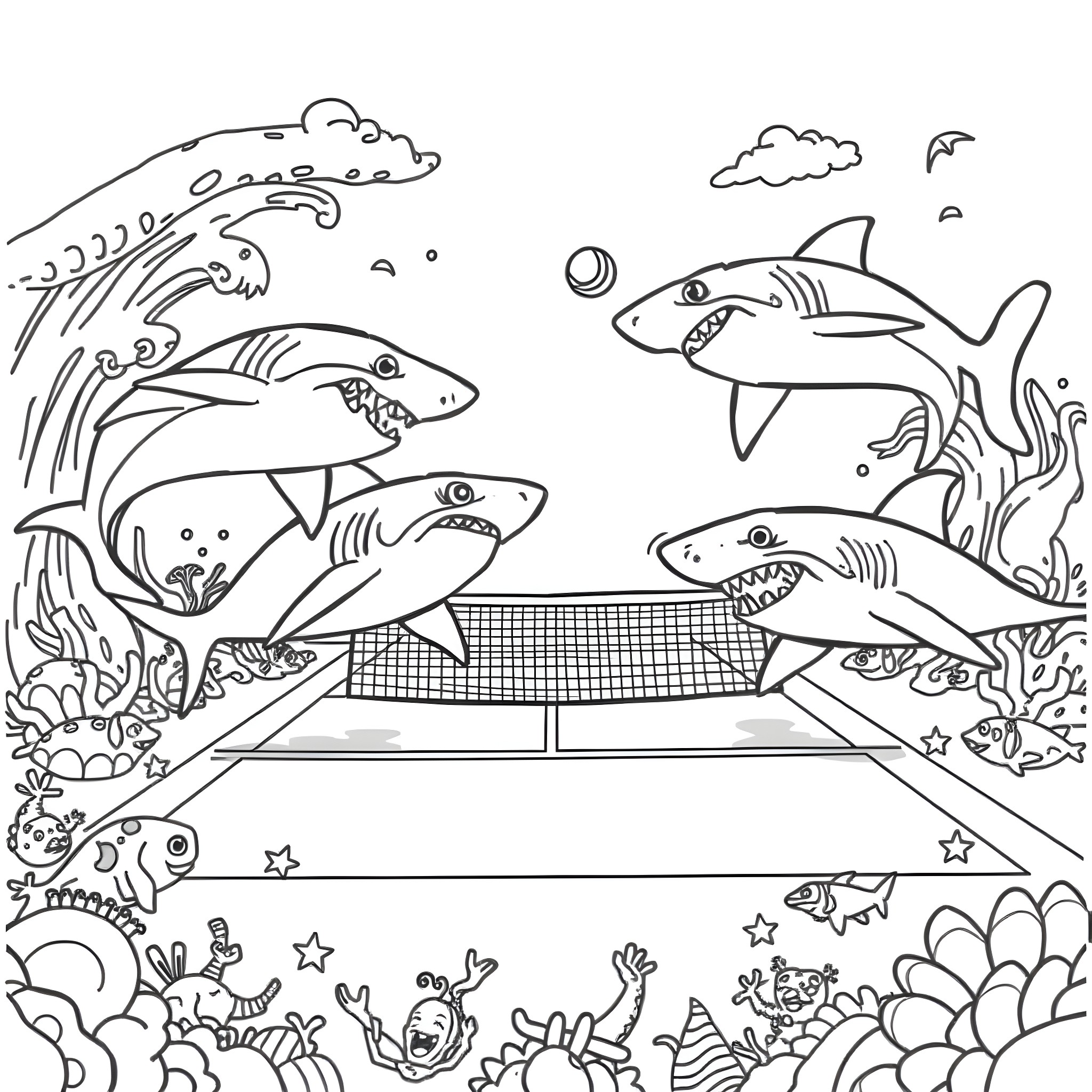 Shark diving in the underwater world Coloring Page (free black-and-white line drawing printable PDF for all, from beginners to advanced learners, including children, teens, adults, and seniors)