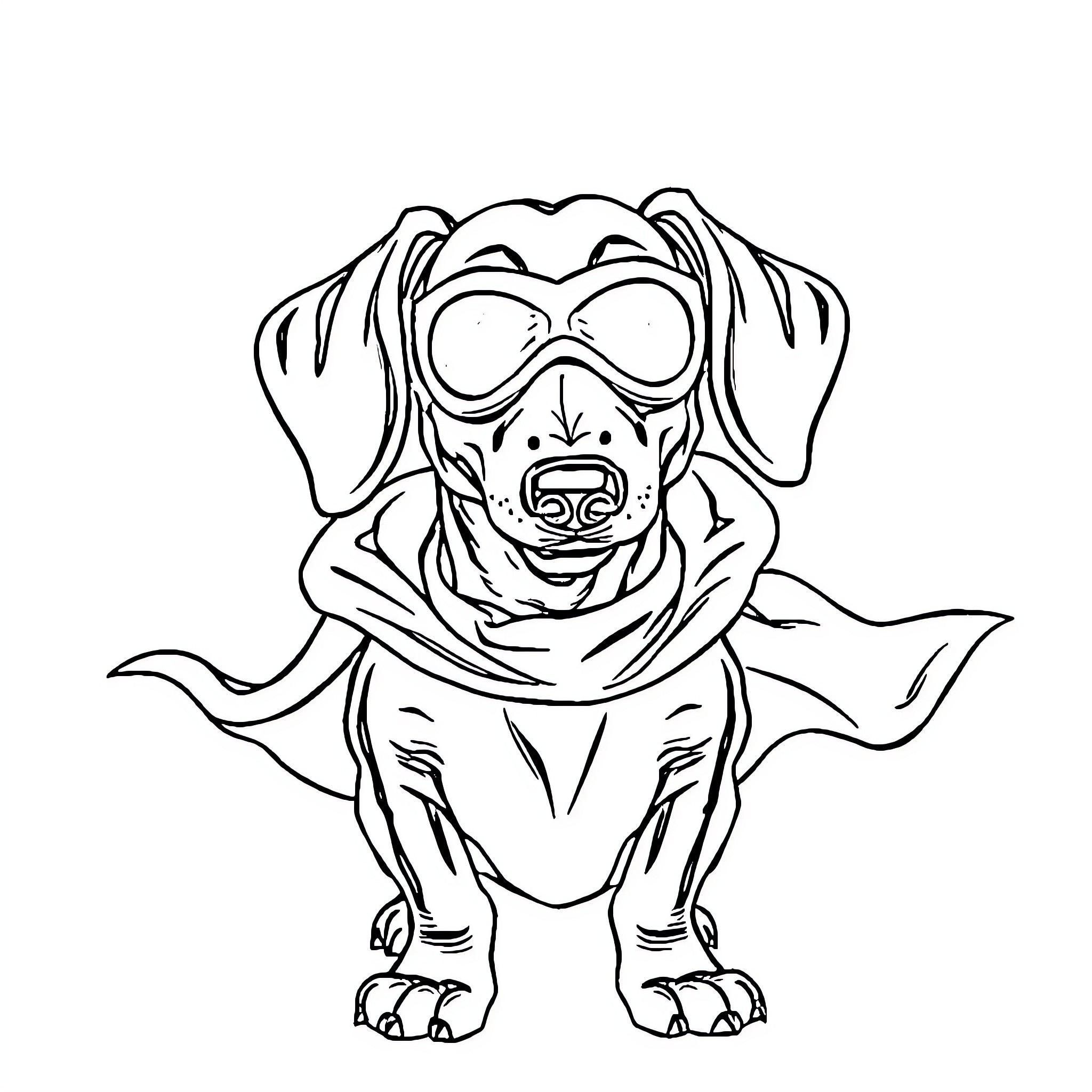 Dachshund in superhero costume Coloring Page (free black-and-white line drawing printable PDF for all, from beginners to advanced learners, including children, teens, adults, and seniors)