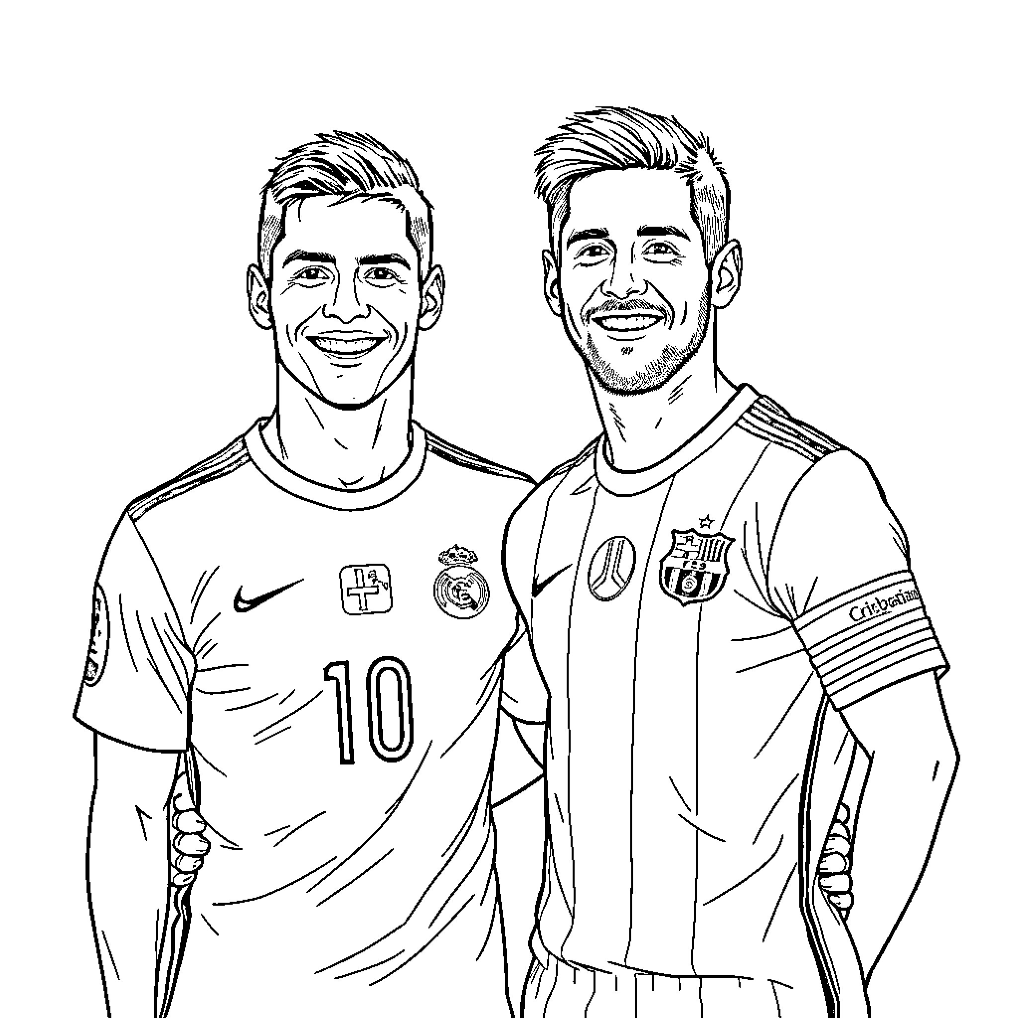 Cristiano Ronaldo and teammate in soccer uniforms Coloring Page (free black-and-white line drawing printable PDF for all, from beginners to advanced learners, including children, teens, adults, and seniors)