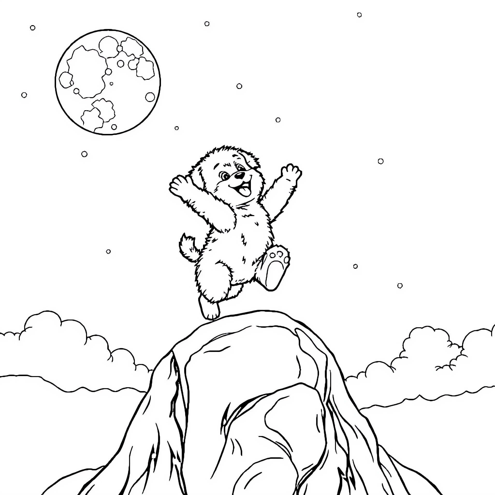 Puppy playing joyfully on a mountain peak Coloring Page (free black-and-white line drawing printable PDF for all, from beginners to advanced learners, including children, teens, adults, and seniors)