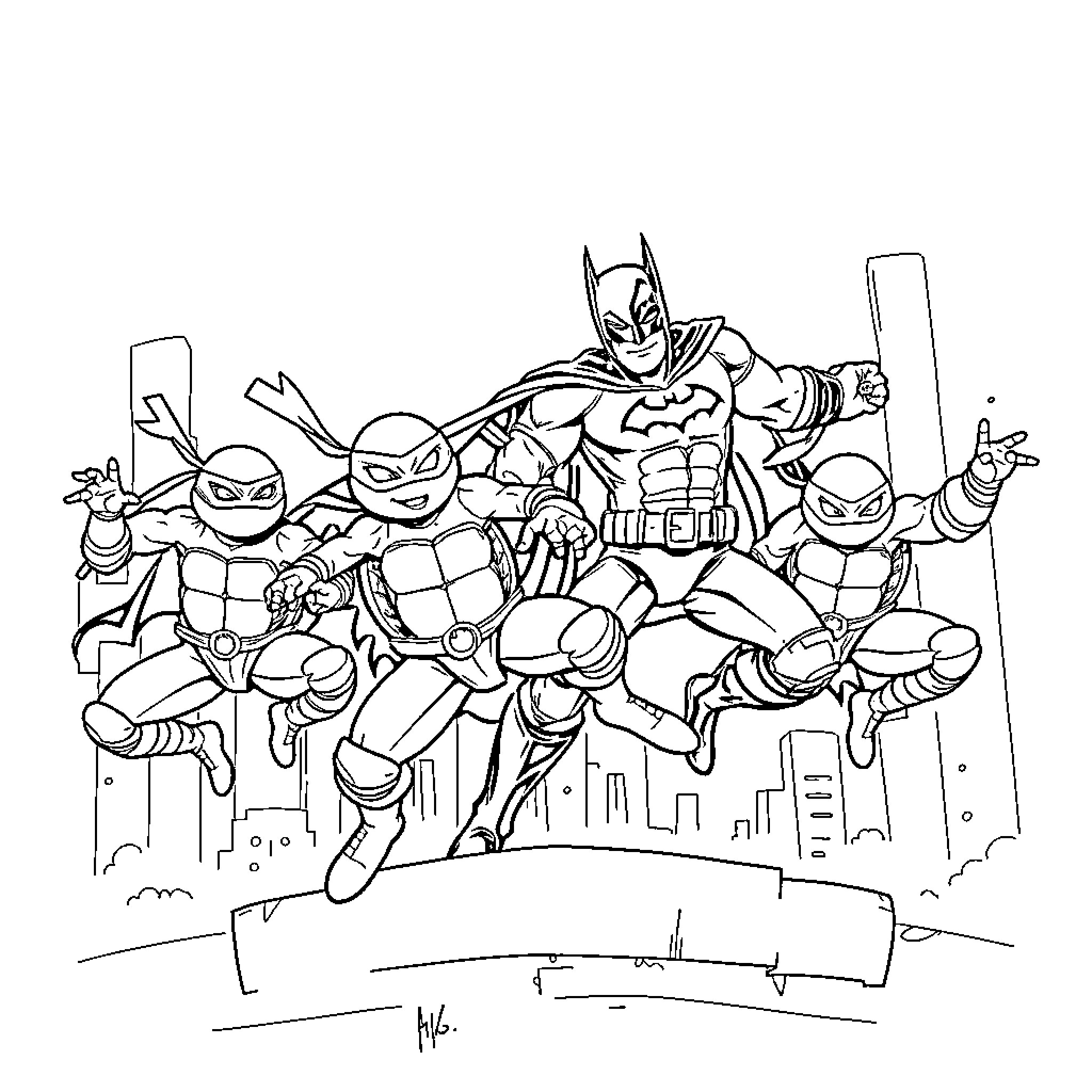 Ninja Turtles heroic action in the city Coloring Page (free black-and-white line drawing printable PDF for all, from beginners to advanced learners, including children, teens, adults, and seniors)