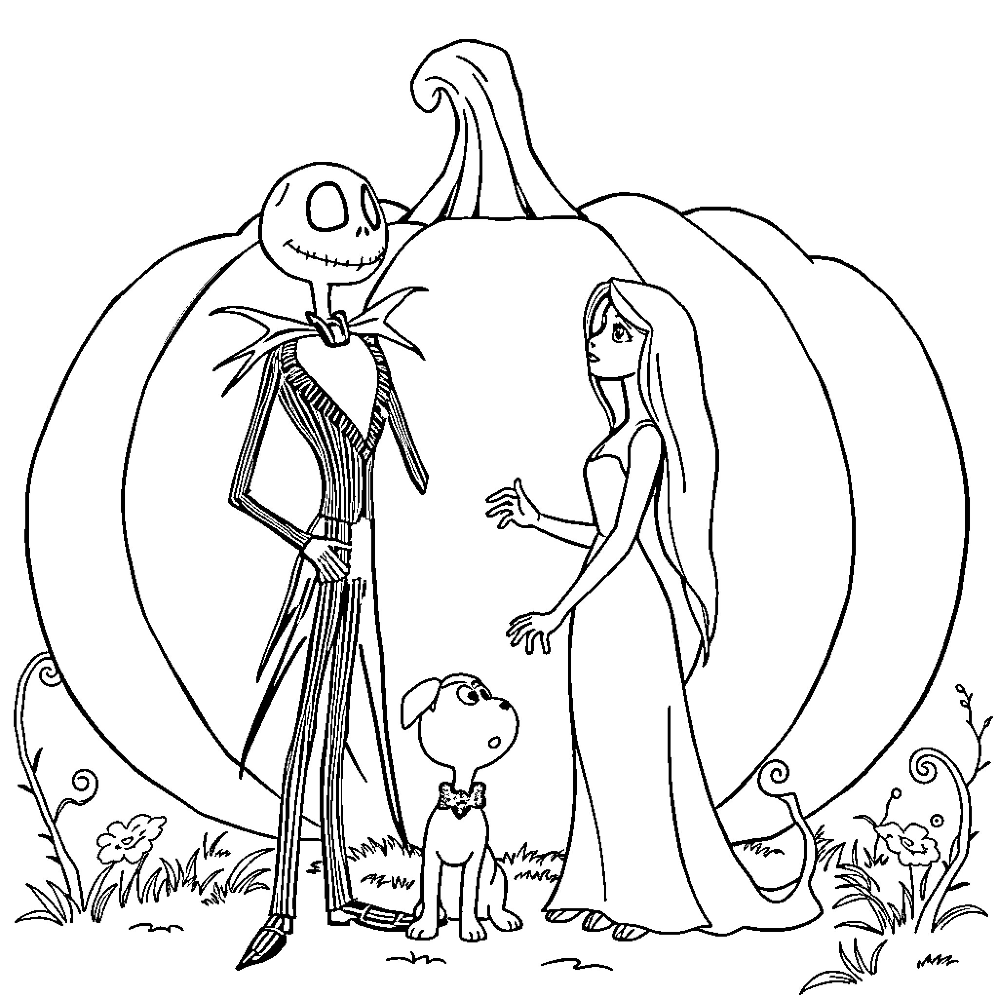 Jack Skellington and Sally exploring the pumpkin patch Coloring Page (free black-and-white line drawing printable PDF for all, from beginners to advanced learners, including children, teens, adults, and seniors)