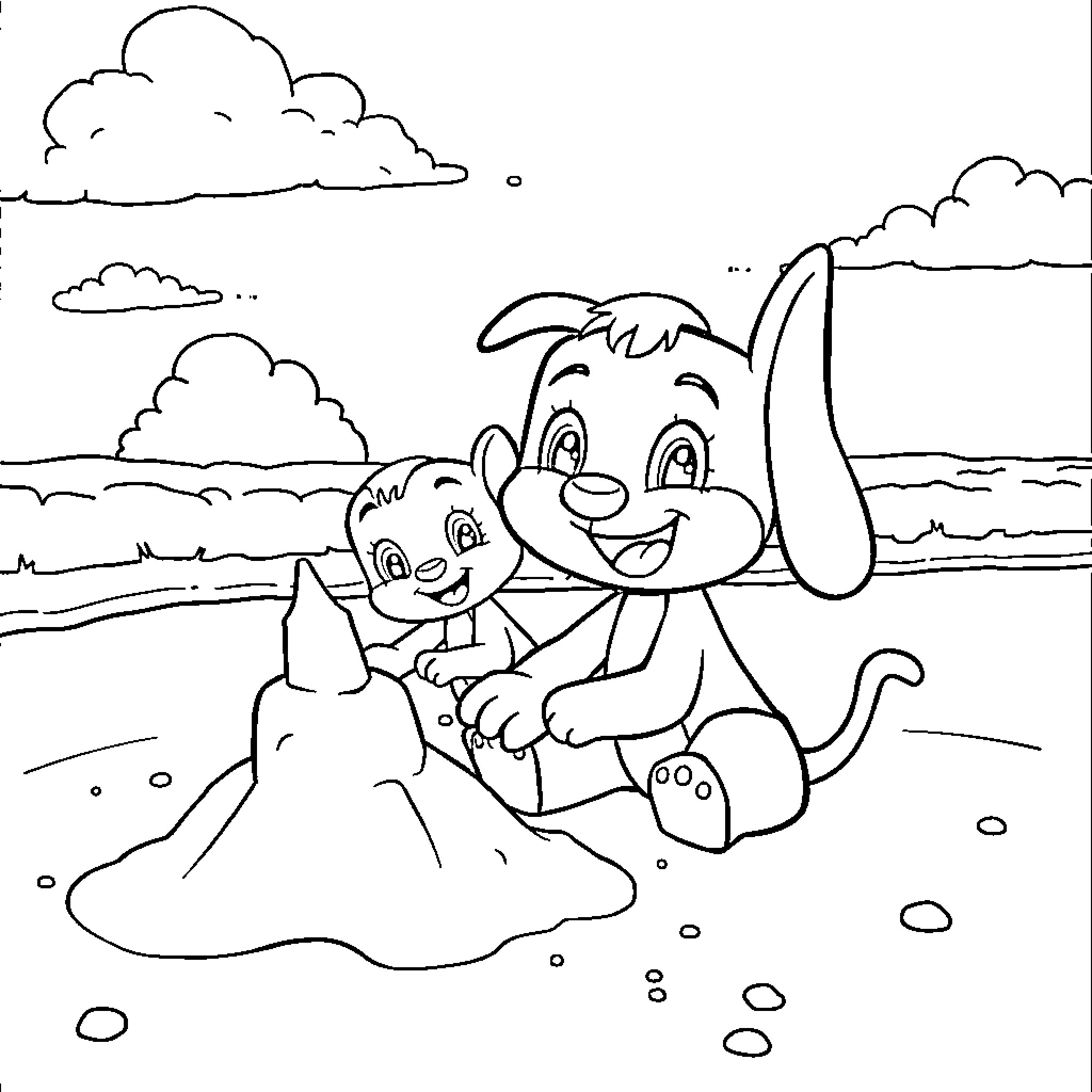 Bluey playing with Pup on the Beach Coloring Page (free black-and-white line drawing printable PDF for all, from beginners to advanced learners, including children, teens, adults, and seniors)