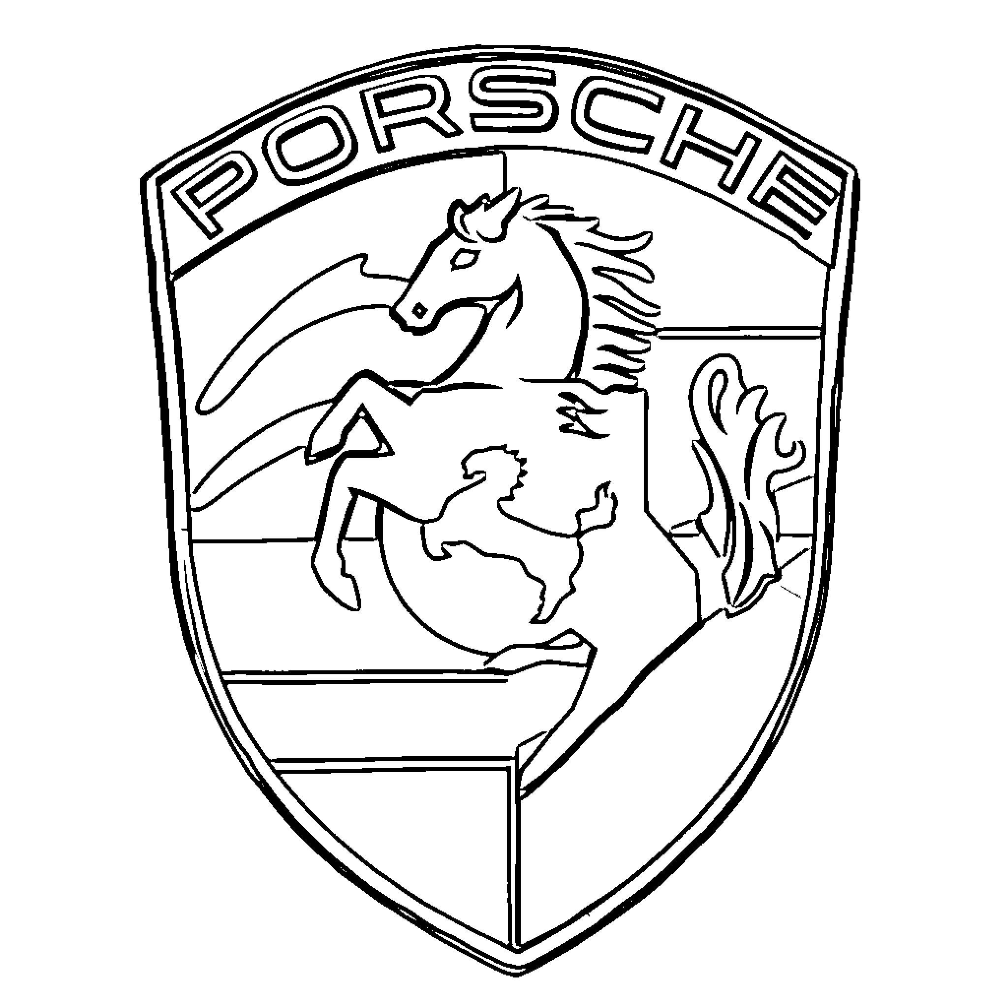Porsche emblem with prancing horse Coloring Page (free black-and-white line drawing printable PDF for all, from beginners to advanced learners, including children, teens, adults, and seniors)