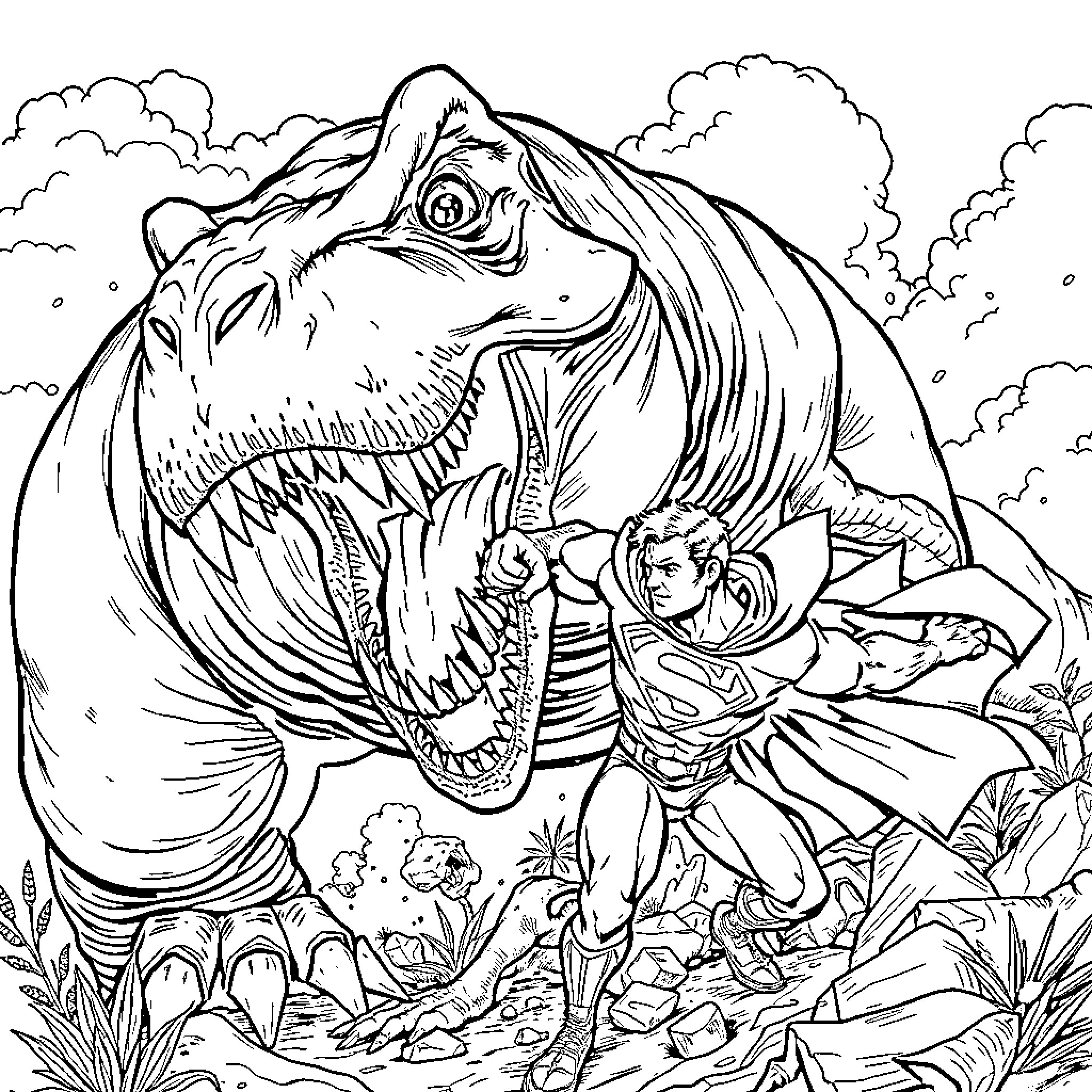 T-Rex confronting adventurous explorer in the wild Coloring Page (free black-and-white line drawing printable PDF for all, from beginners to advanced learners, including children, teens, adults, and seniors)