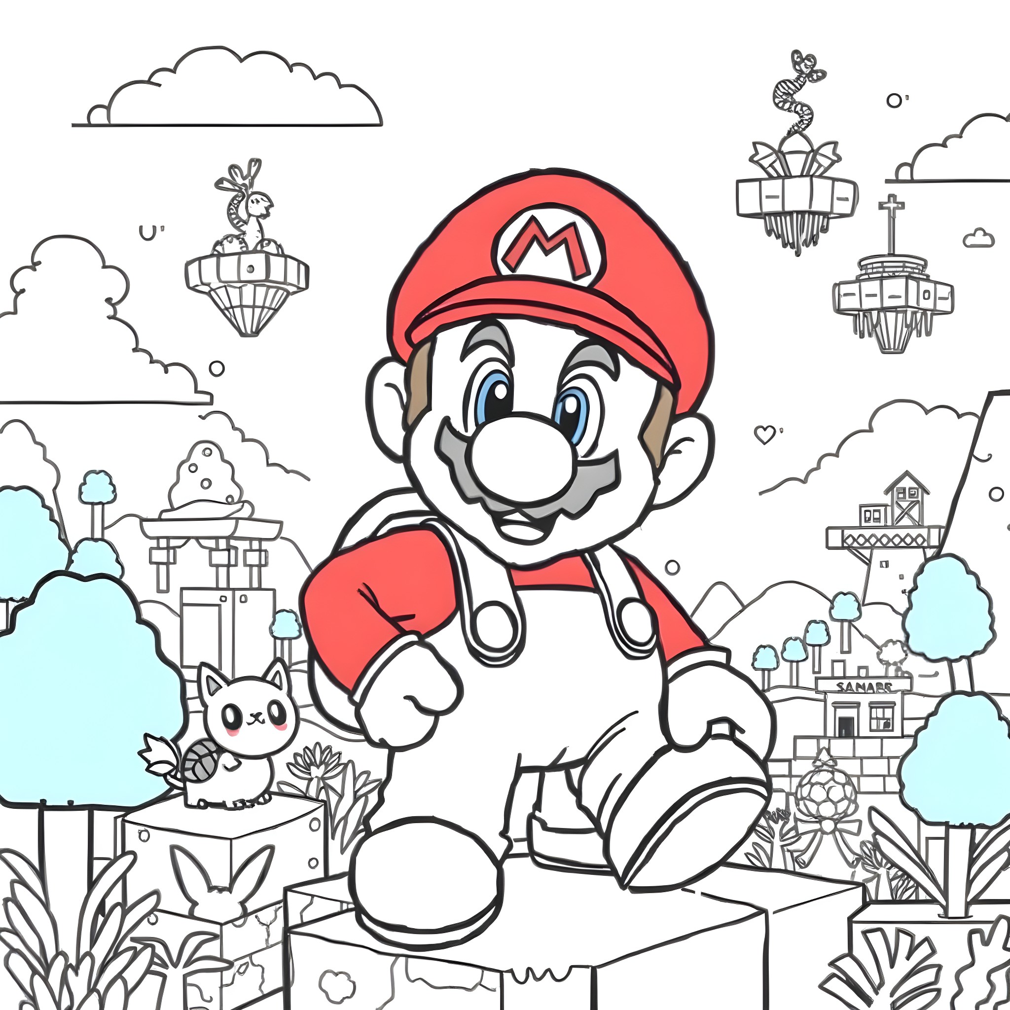 Mario exploring the fantastical world with his companion Coloring Page (free black-and-white line drawing printable PDF for all, from beginners to advanced learners, including children, teens, adults, and seniors)