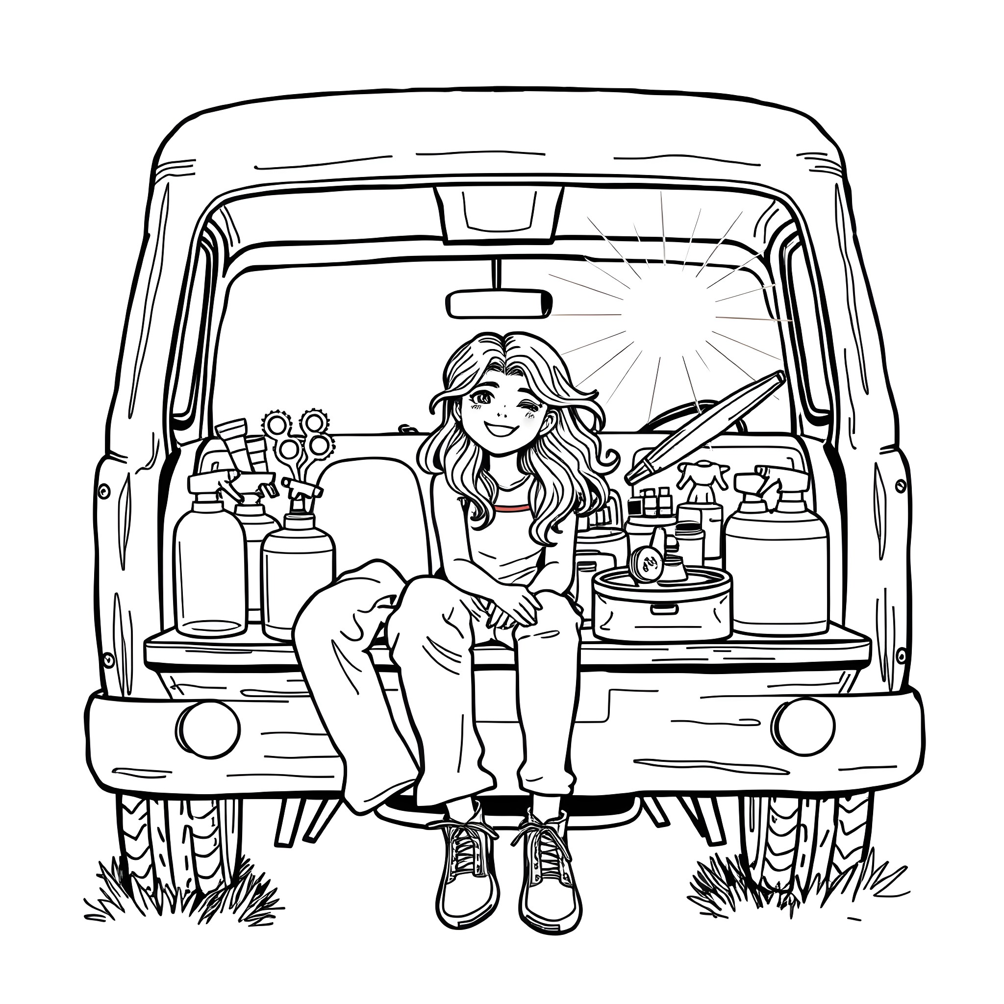 Girl enjoying activities in the back of a van Coloring Page (free black-and-white line drawing printable PDF for all, from beginners to advanced learners, including children, teens, adults, and seniors)