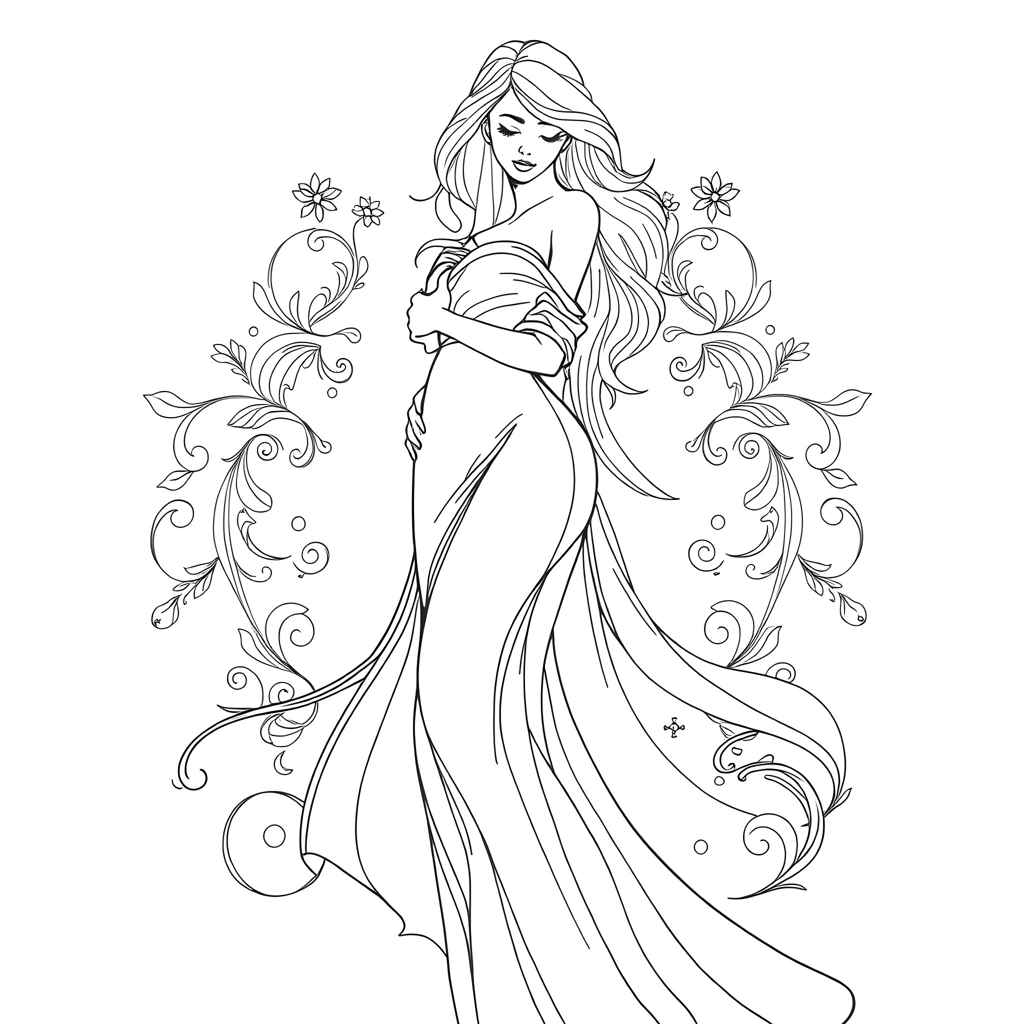 Breast Maiden with Flowing Dress and Floral Accents Coloring Page (free black-and-white line drawing printable PDF for all, from beginners to advanced learners, including children, teens, adults, and seniors)
