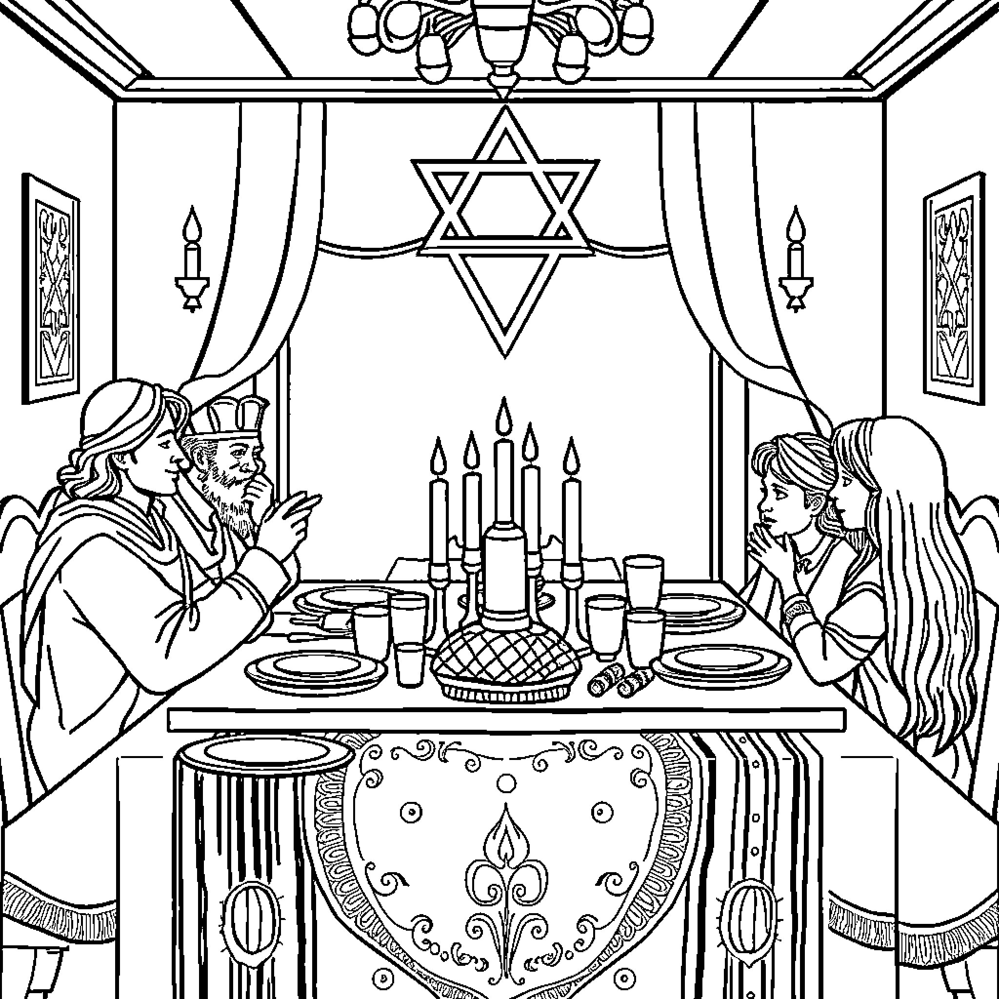 Family celebrating Shabbat dinner together Coloring Page (free black-and-white line drawing printable PDF for all, from beginners to advanced learners, including children, teens, adults, and seniors)