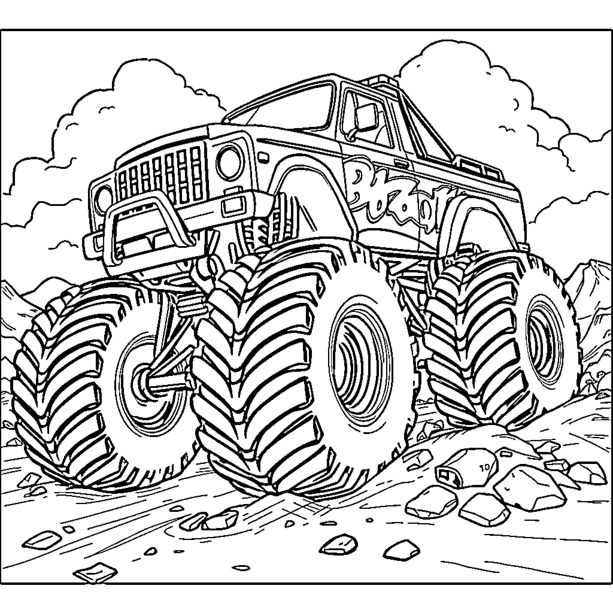 Monster Truck Crushing through the Rugged Terrain Coloring Page (free black-and-white line drawing printable PDF for all, from beginners to advanced learners, including children, teens, adults, and seniors)