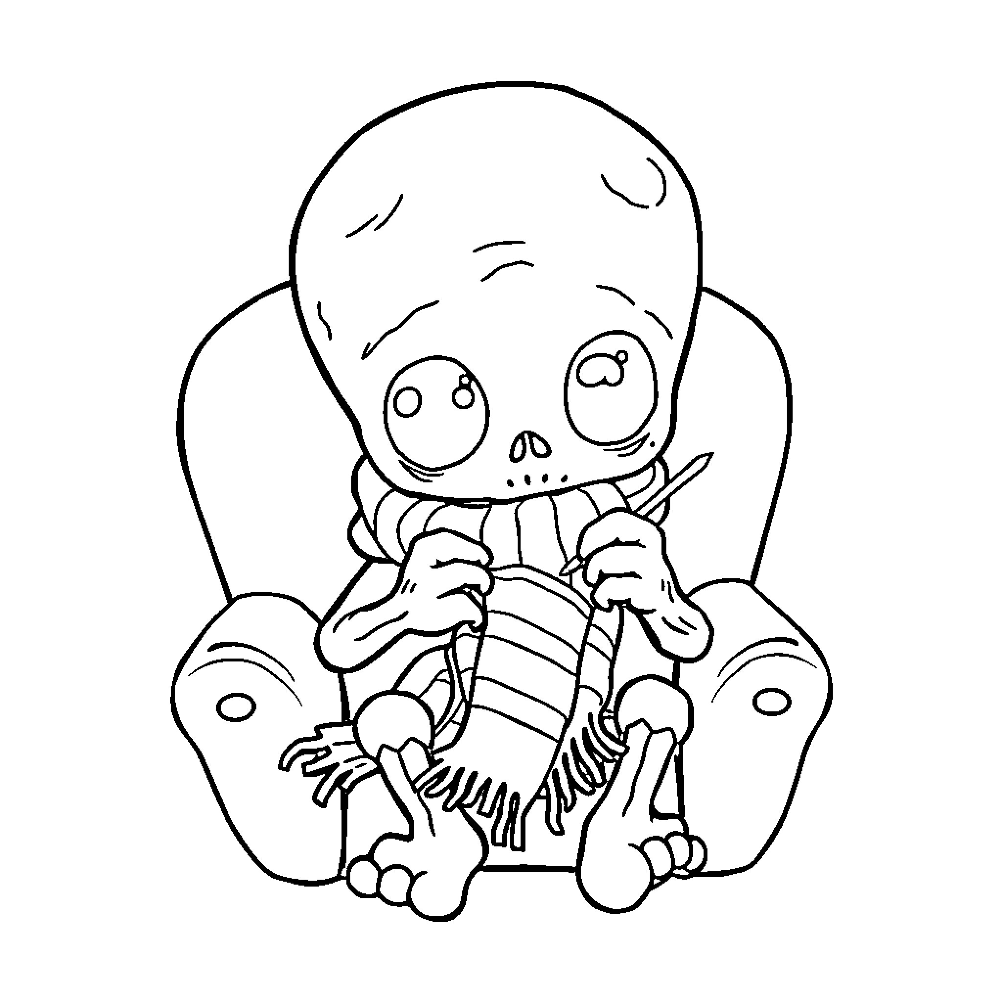 Zombie Creature Sitting Dejectedly Coloring Page (free black-and-white line drawing printable PDF for all, from beginners to advanced learners, including children, teens, adults, and seniors)