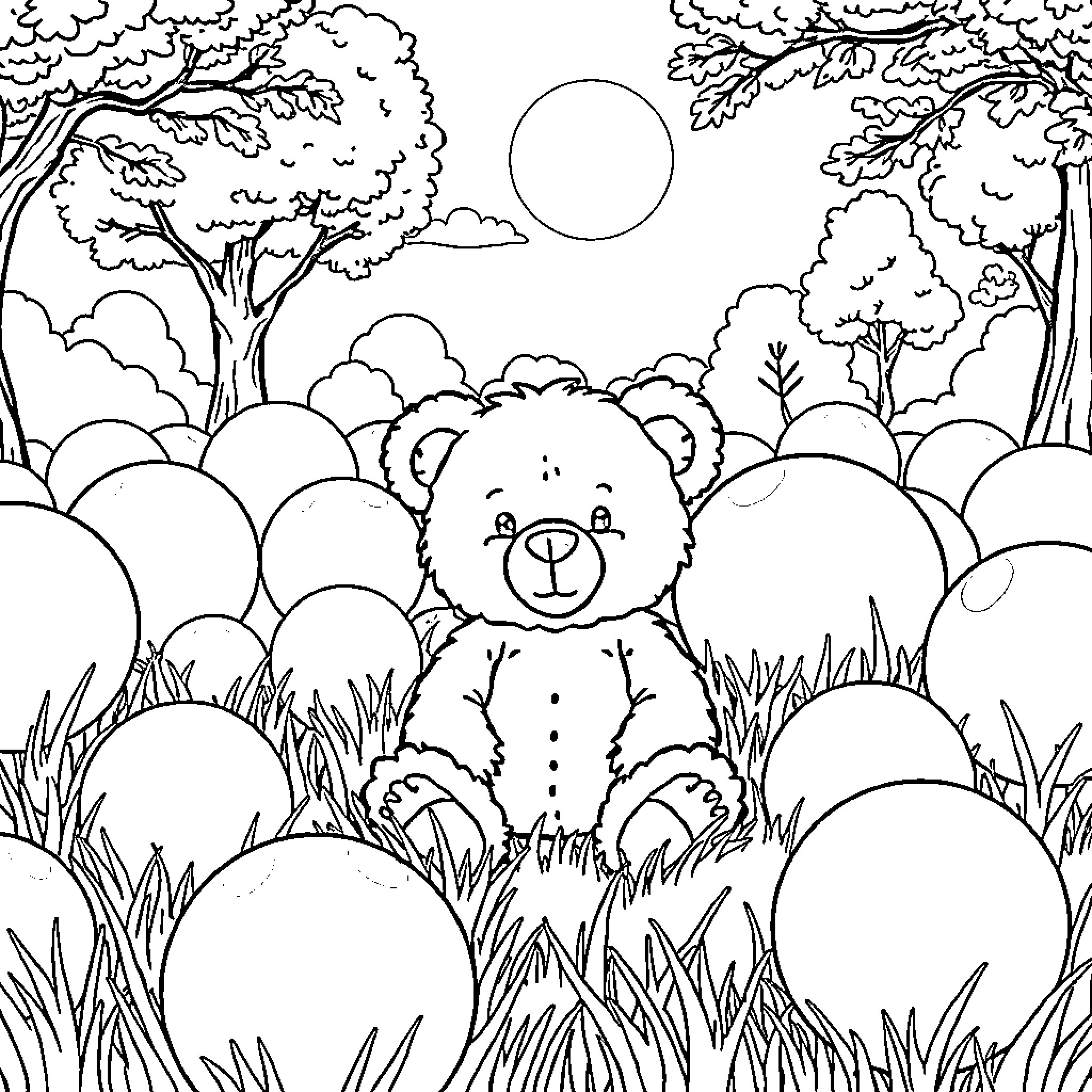 Teddy Bear Relaxing in Serene Nature Landscape Coloring Page (free black-and-white line drawing printable PDF for all, from beginners to advanced learners, including children, teens, adults, and seniors)