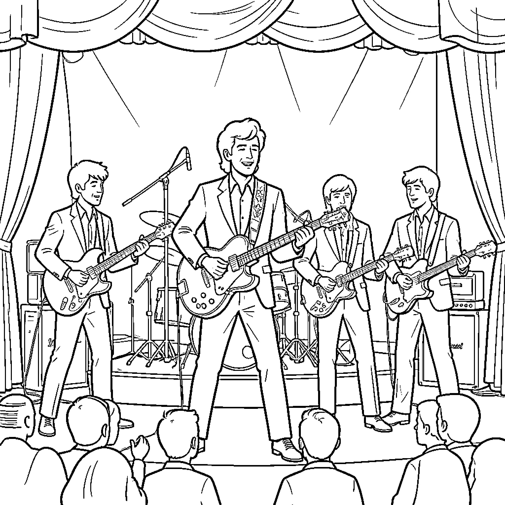 Prince and his band performing music on stage Coloring Page (free black-and-white line drawing printable PDF for all, from beginners to advanced learners, including children, teens, adults, and seniors)