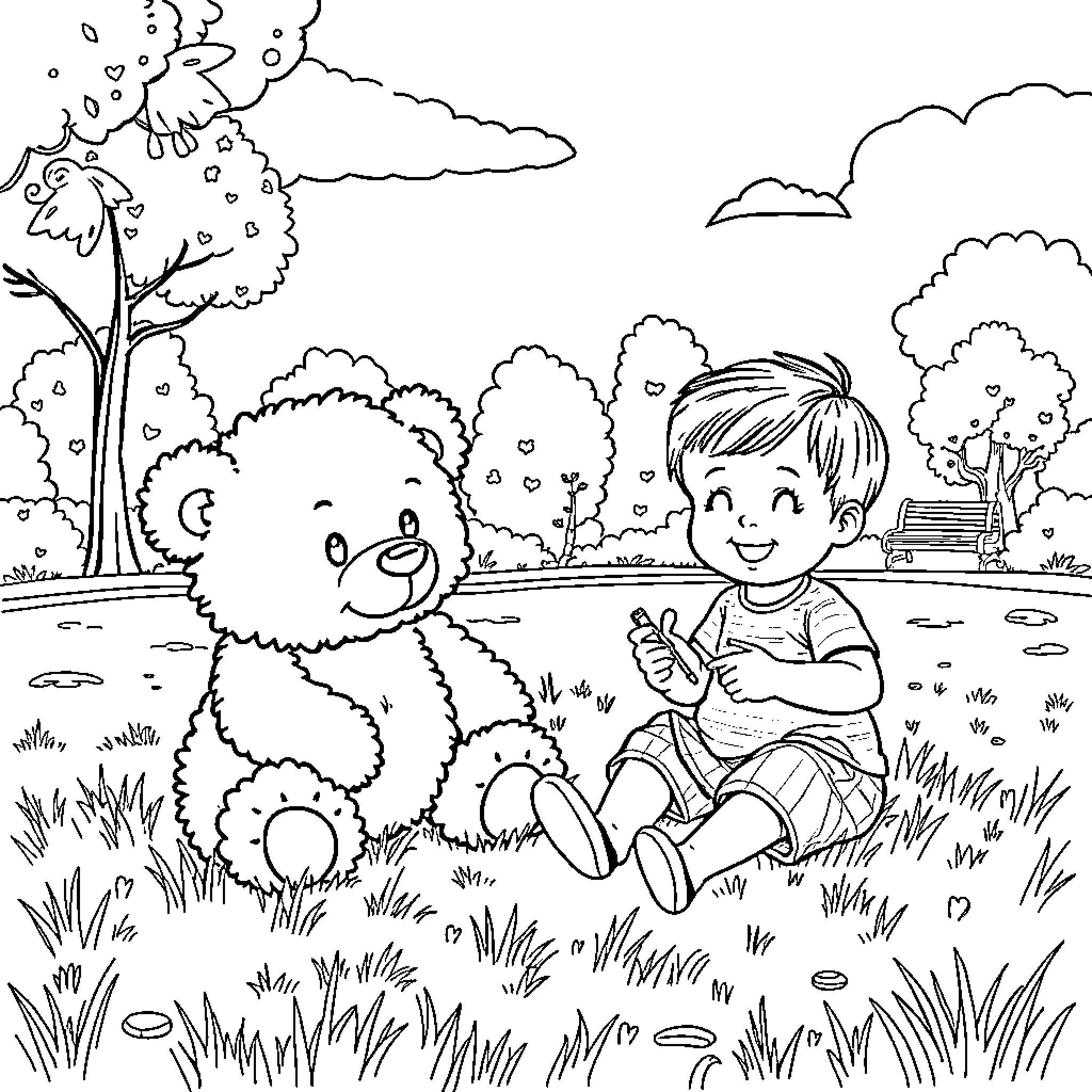 Teddy Bear and Boy Enjoying Outdoor Adventure Coloring Page (free black-and-white line drawing printable PDF for all, from beginners to advanced learners, including children, teens, adults, and seniors)