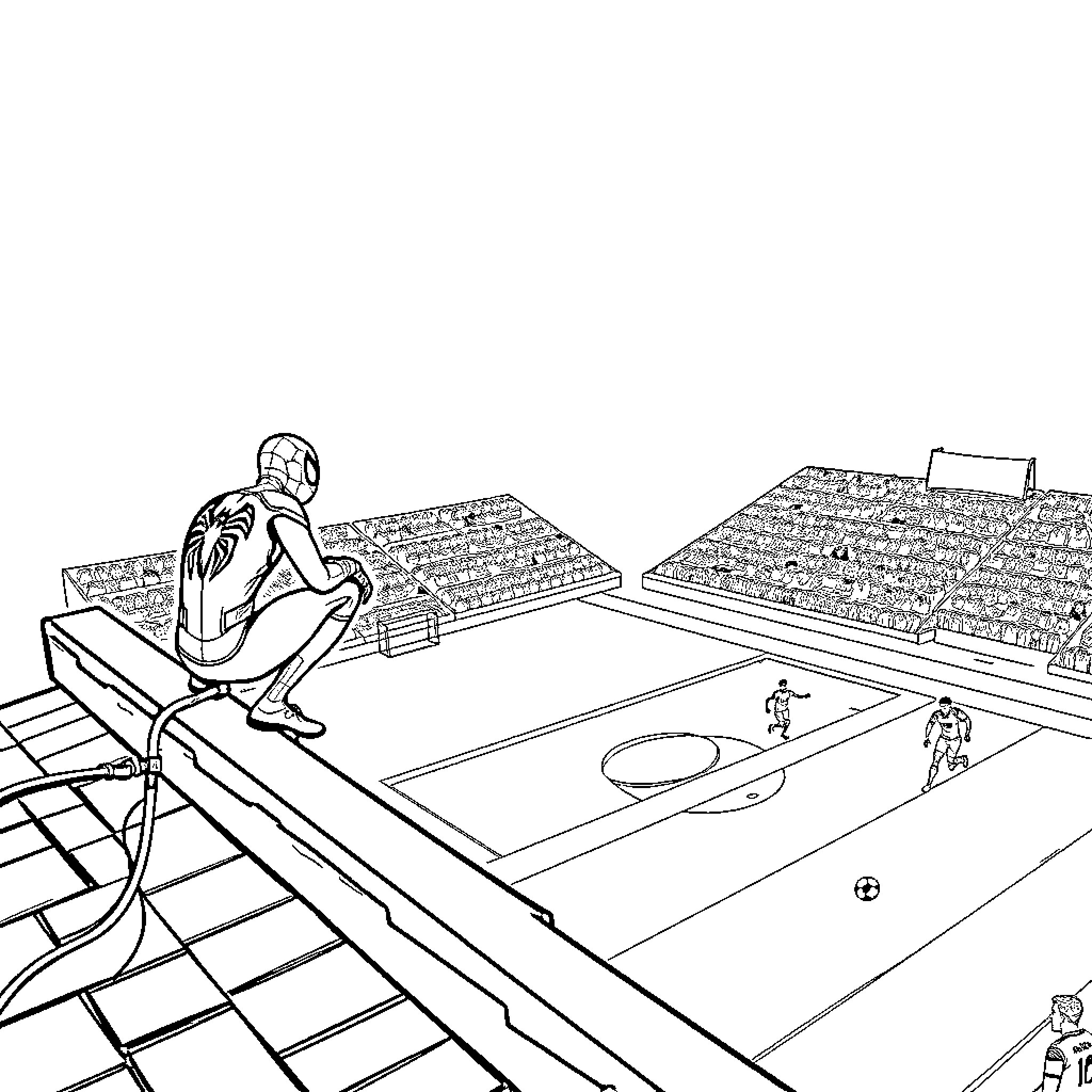 Spidy watching over a soccer match Coloring Page (free black-and-white line drawing printable PDF for all, from beginners to advanced learners, including children, teens, adults, and seniors)
