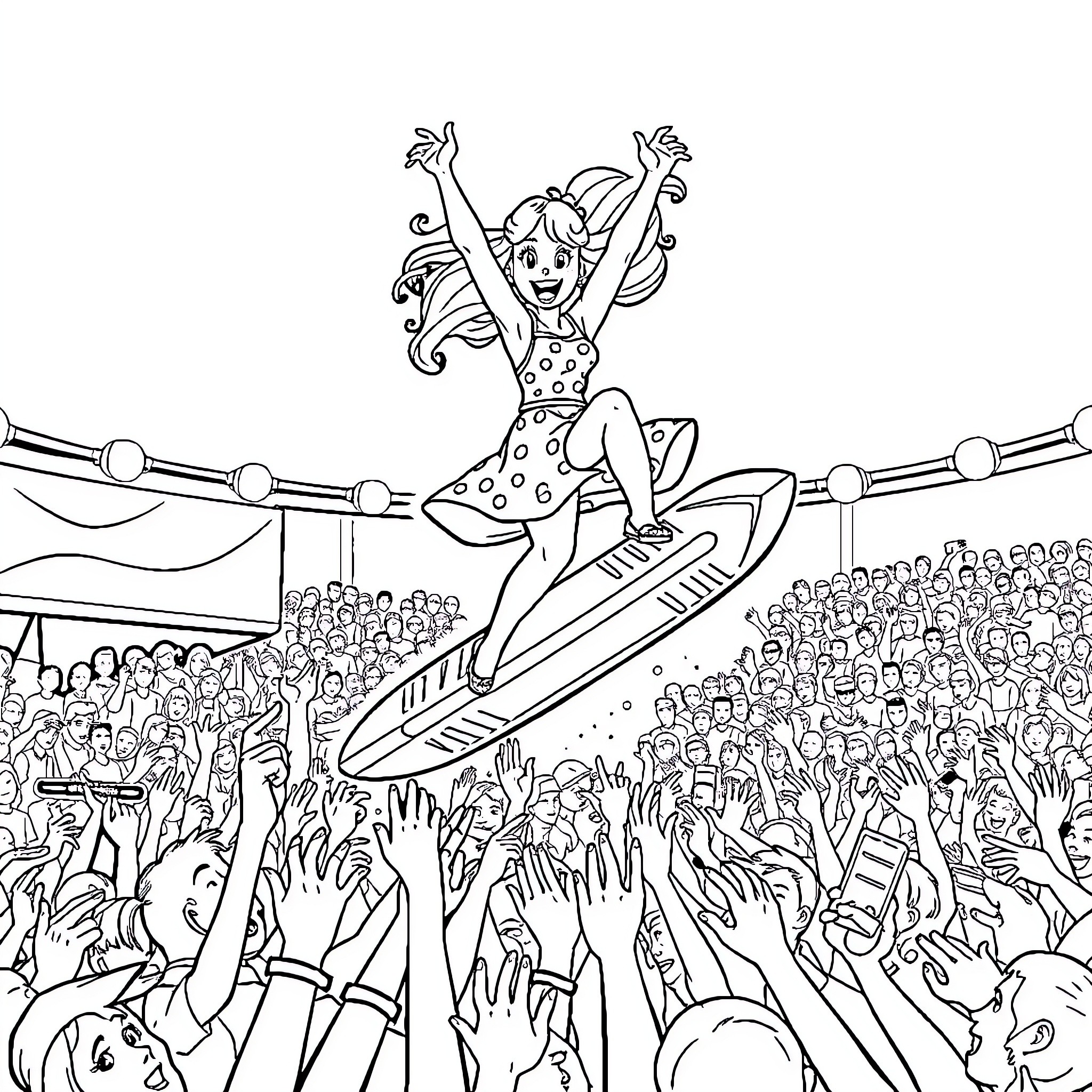Trixie Mattel performing joyfully on stage before an enthusiastic crowd Coloring Page (free black-and-white line drawing printable PDF for all, from beginners to advanced learners, including children, teens, adults, and seniors)