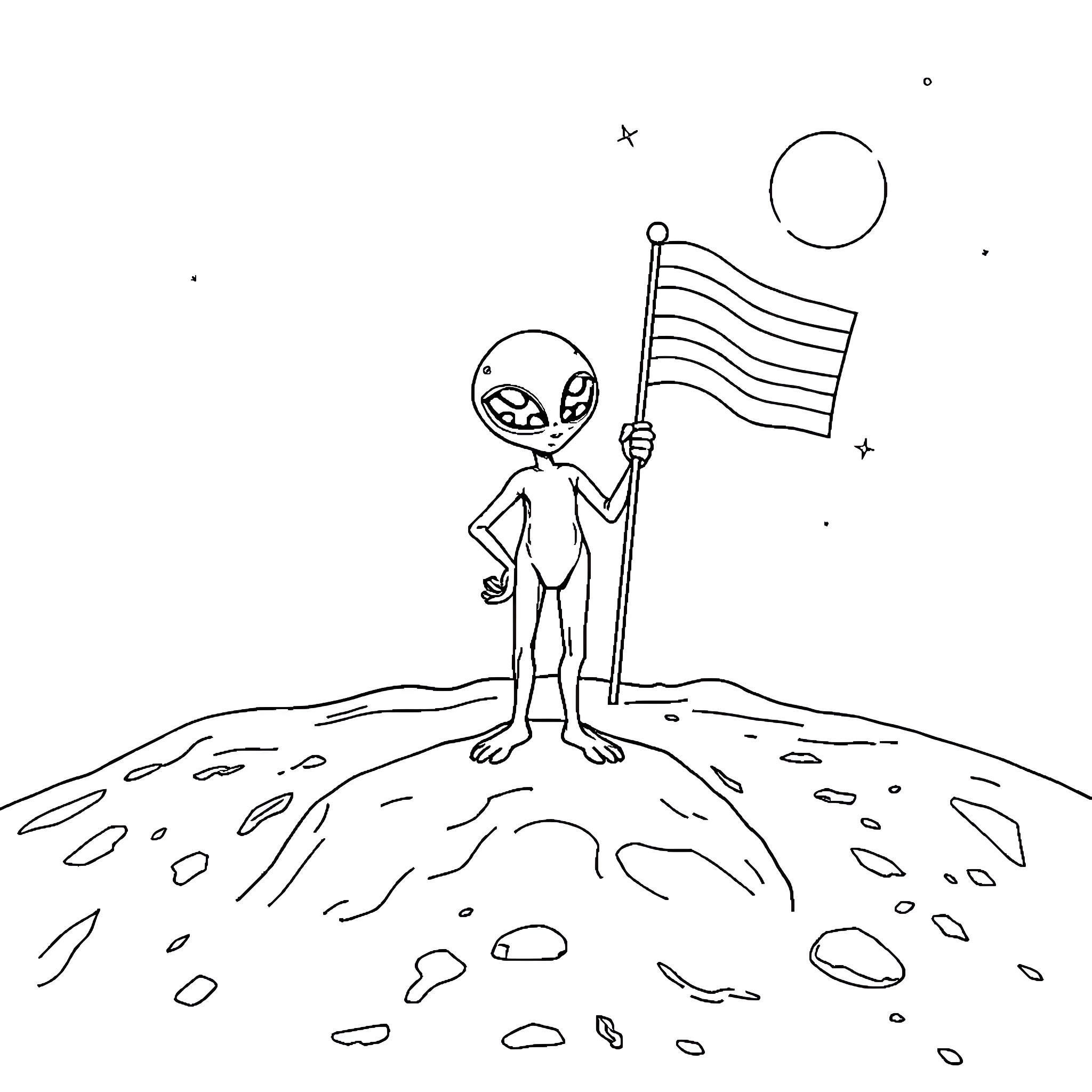 Alien waving flag on distant planet Coloring Page (free black-and-white line drawing printable PDF for all, from beginners to advanced learners, including children, teens, adults, and seniors)
