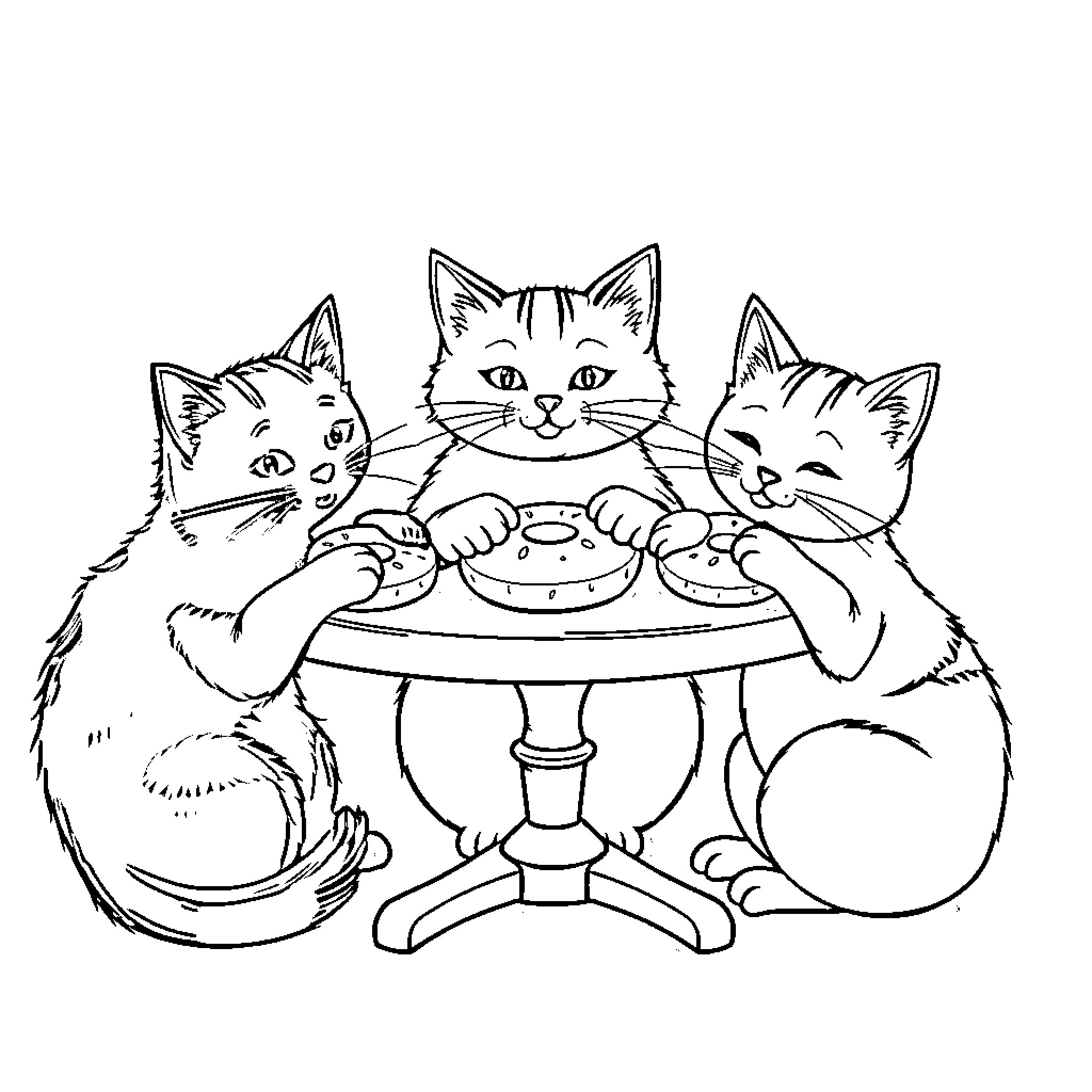 Cats playing with toy in black and white Coloring Page (free black-and-white line drawing printable PDF for all, from beginners to advanced learners, including children, teens, adults, and seniors)