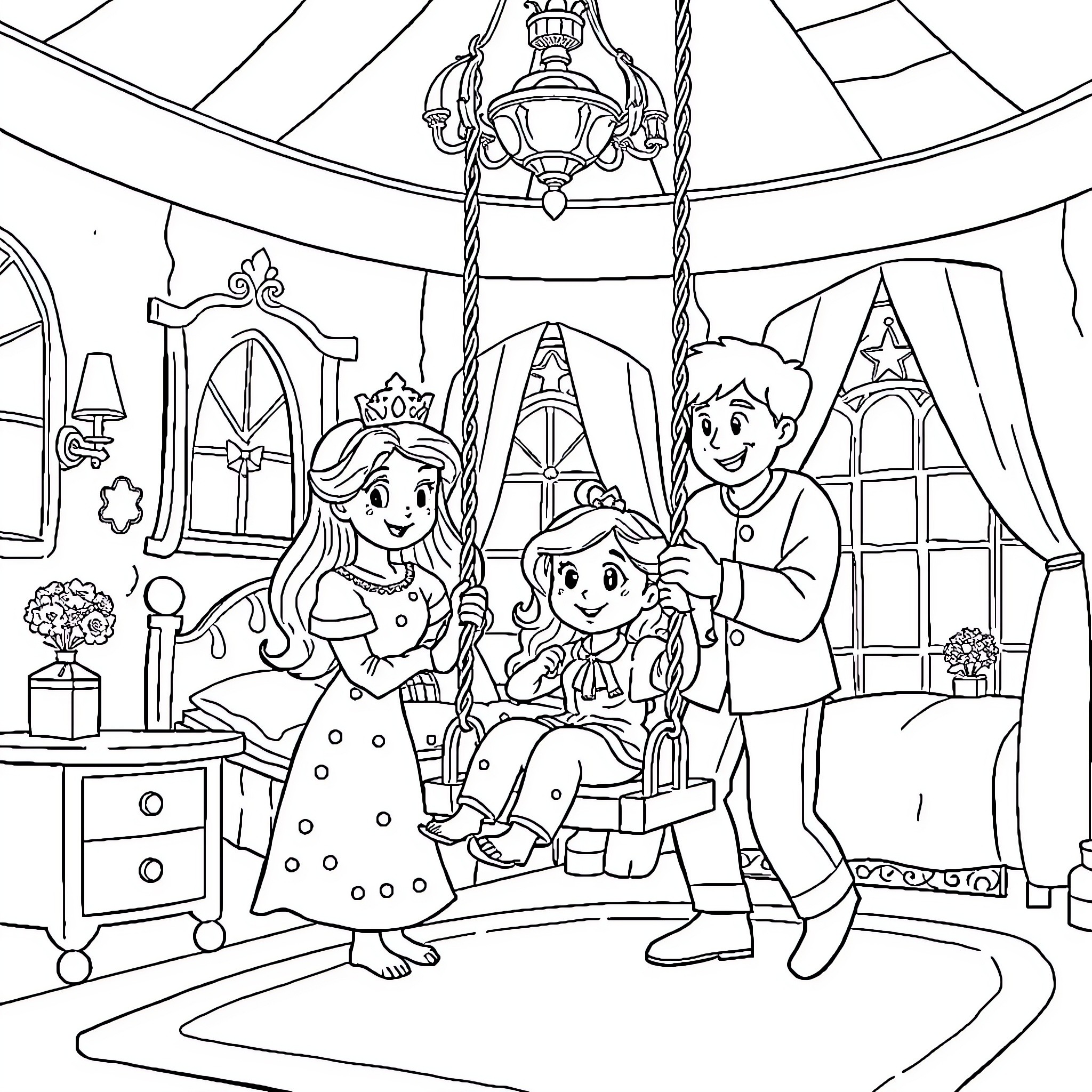Princess and Family in Elegant Room Coloring Page (free black-and-white line drawing printable PDF for all, from beginners to advanced learners, including children, teens, adults, and seniors)