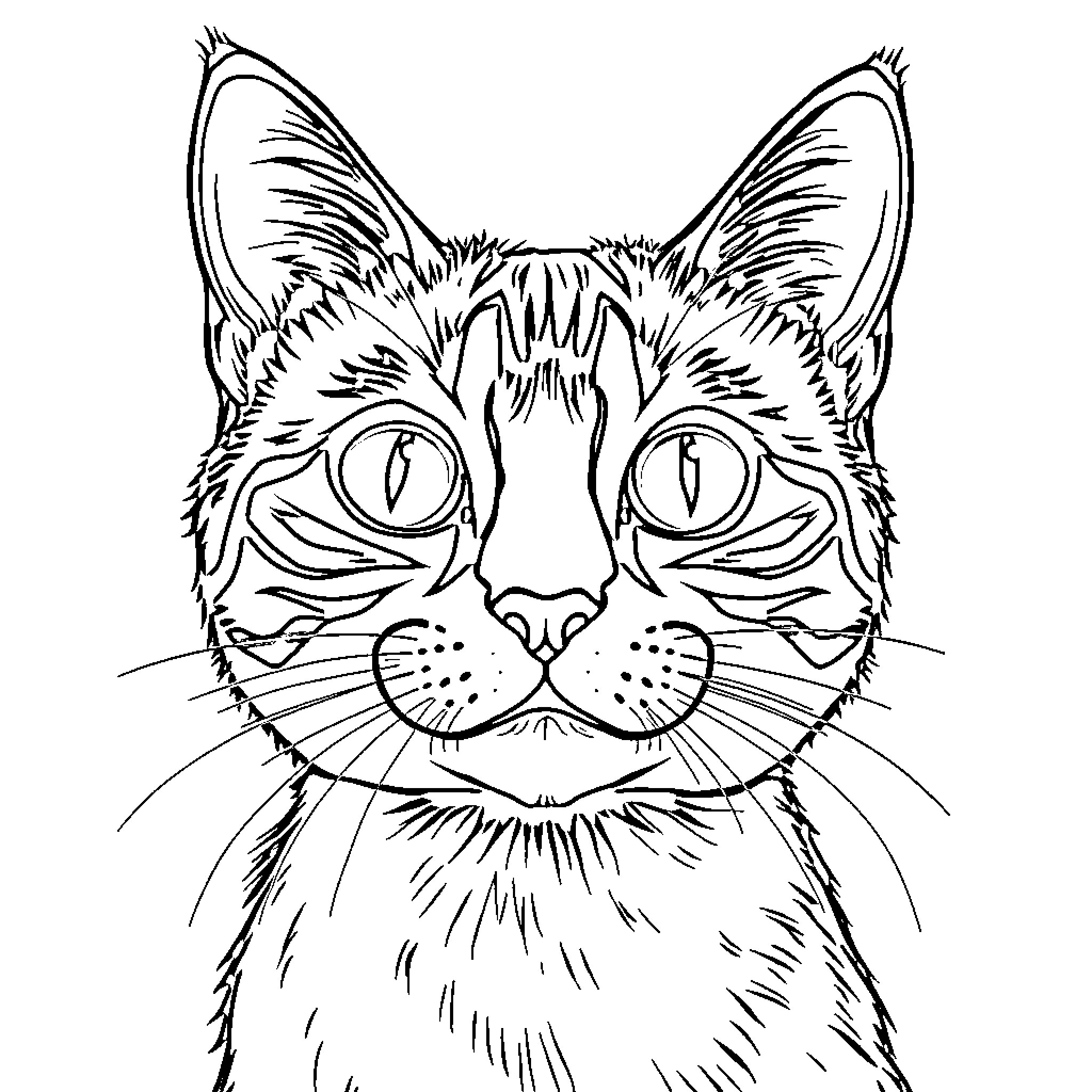 Cat staring intensely with striking eyes Coloring Page (free black-and-white line drawing printable PDF for all, from beginners to advanced learners, including children, teens, adults, and seniors)