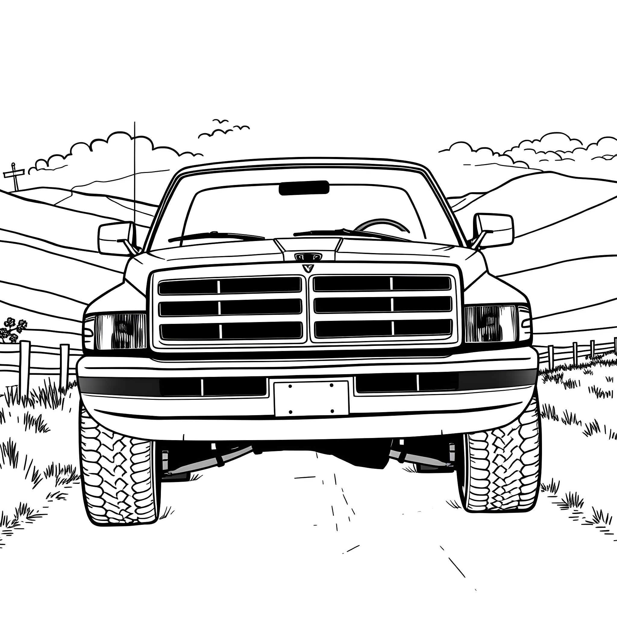 Ram Pickup Truck on Rugged Terrain Coloring Page (free black-and-white line drawing printable PDF for all, from beginners to advanced learners, including children, teens, adults, and seniors)
