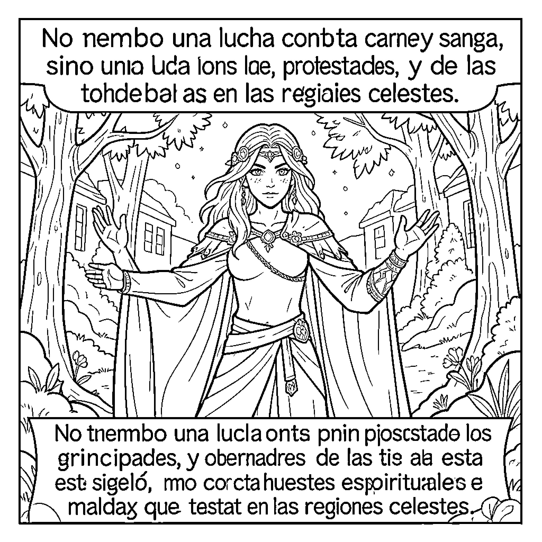 Spiritual Warfare: Celestial Empowerment and Supernatural Conflict Coloring Page (free black-and-white line drawing printable PDF for all, from beginners to advanced learners, including children, teens, adults, and seniors)