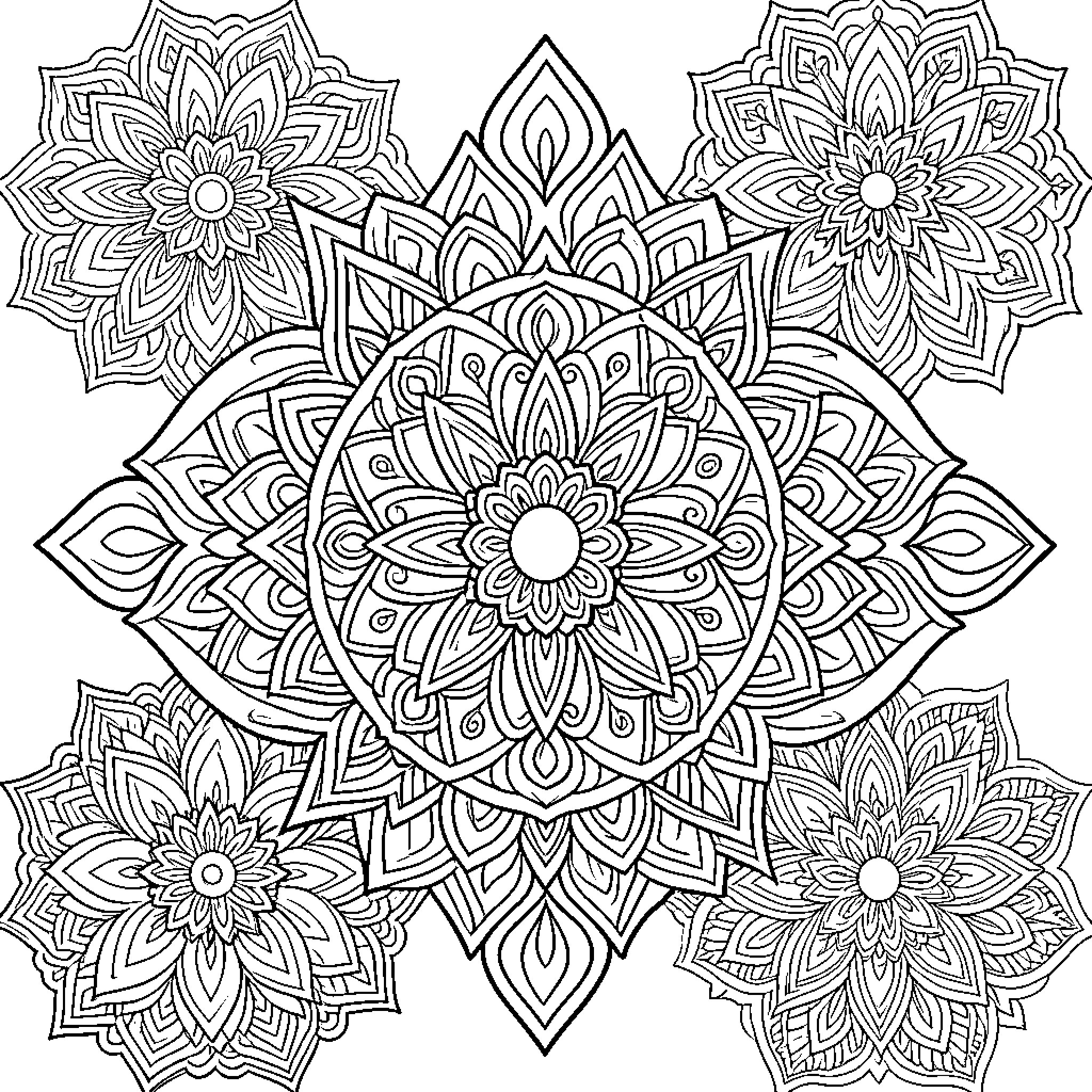Mandalas of intricate floral patterns Coloring Page (free black-and-white line drawing printable PDF for all, from beginners to advanced learners, including children, teens, adults, and seniors)