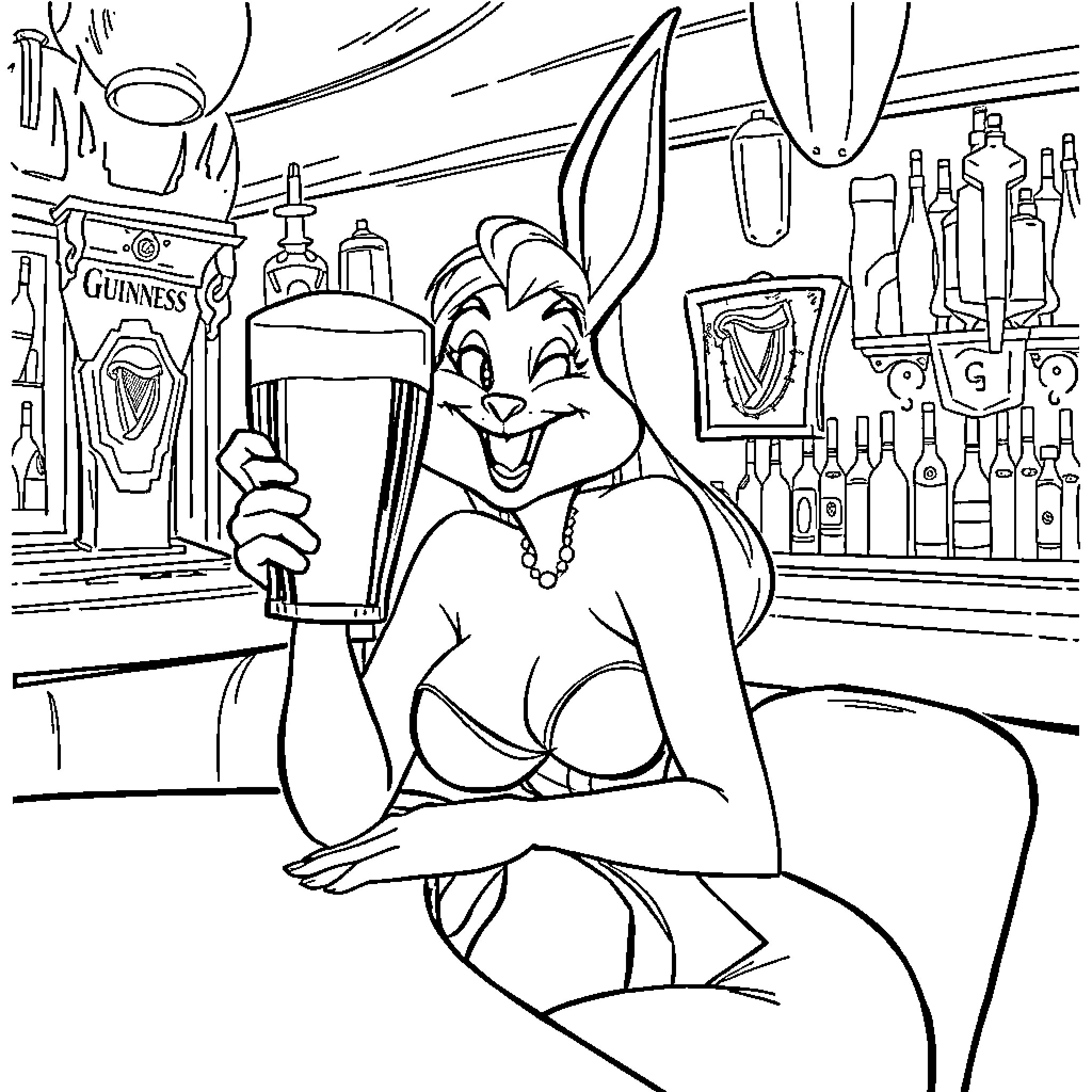 Jessica Rabbit enjoying a drink at the bar Coloring Page (free black-and-white line drawing printable PDF for all, from beginners to advanced learners, including children, teens, adults, and seniors)