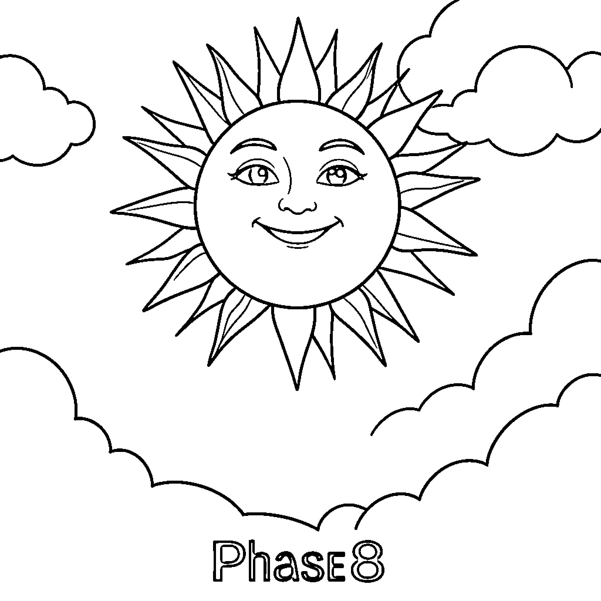 Sun's Happy Expression in the Sky Coloring Page (free black-and-white line drawing printable PDF for all, from beginners to advanced learners, including children, teens, adults, and seniors)