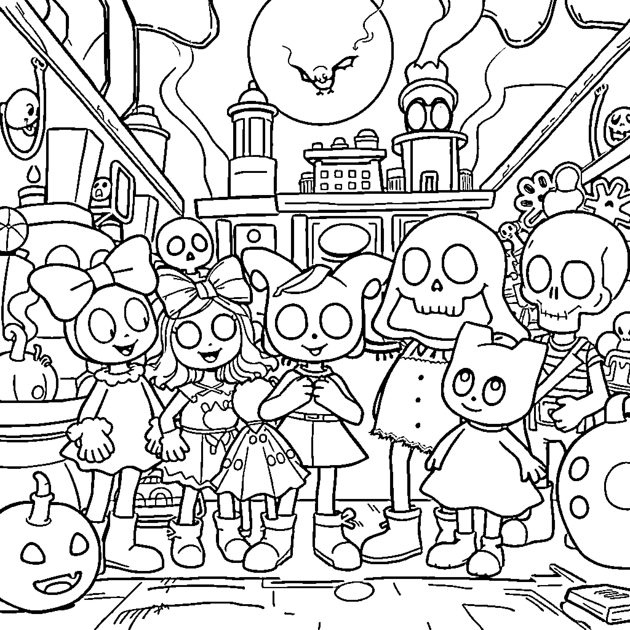 Poppy Playtime Haunting Halloween Carnival with Spooky Friends Coloring Page (free black-and-white line drawing printable PDF for all, from beginners to advanced learners, including children, teens, adults, and seniors)