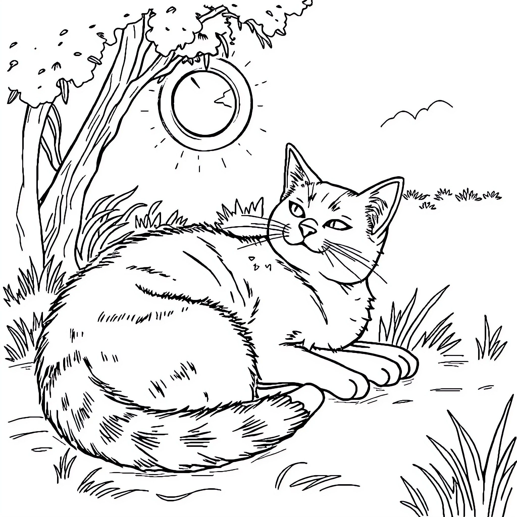 Cat enjoying nature in the moonlight Coloring Page (free black-and-white line drawing printable PDF for all, from beginners to advanced learners, including children, teens, adults, and seniors)