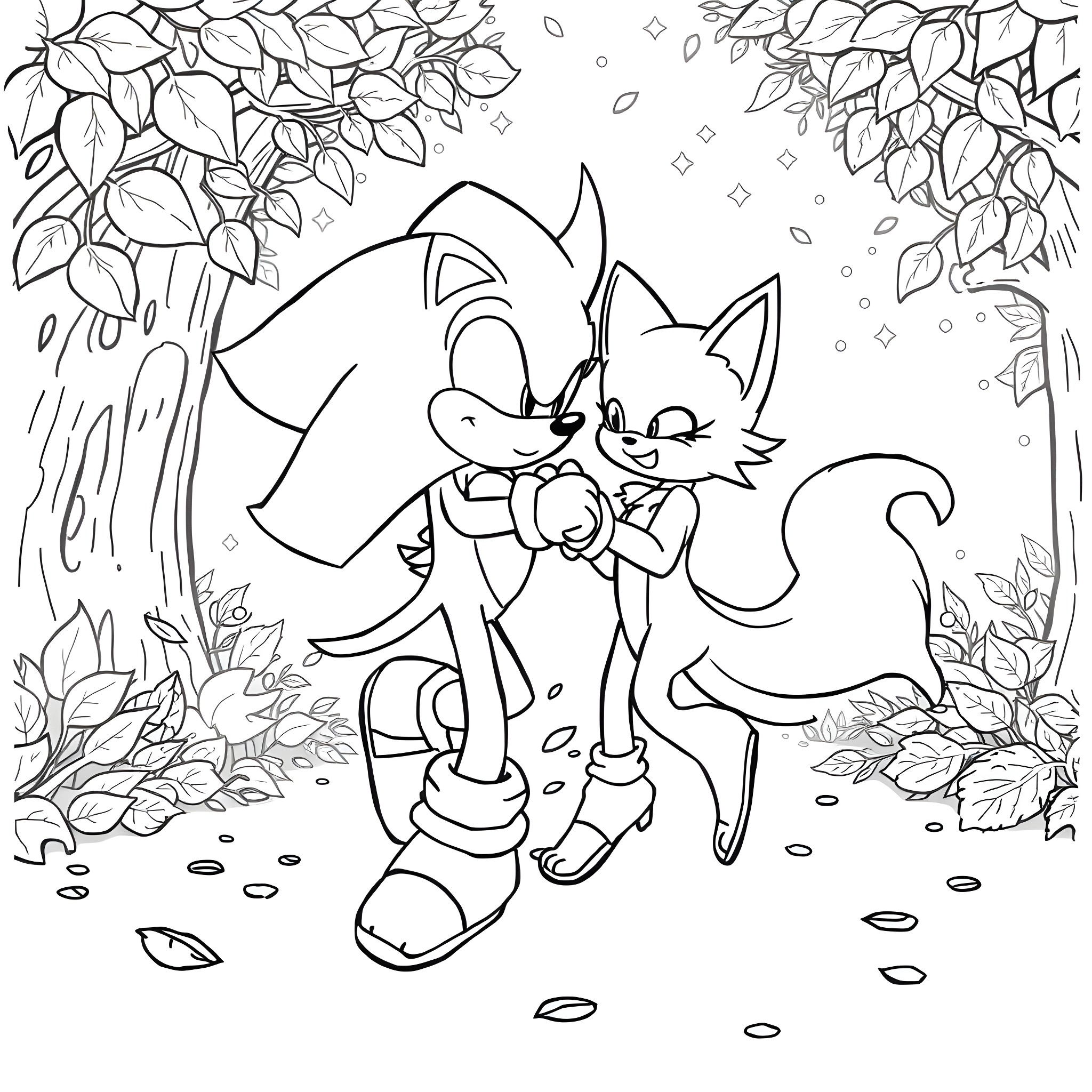 Hedgehog and Cat Playing in the Autumn Leaves Coloring Page (free black-and-white line drawing printable PDF for all, from beginners to advanced learners, including children, teens, adults, and seniors)