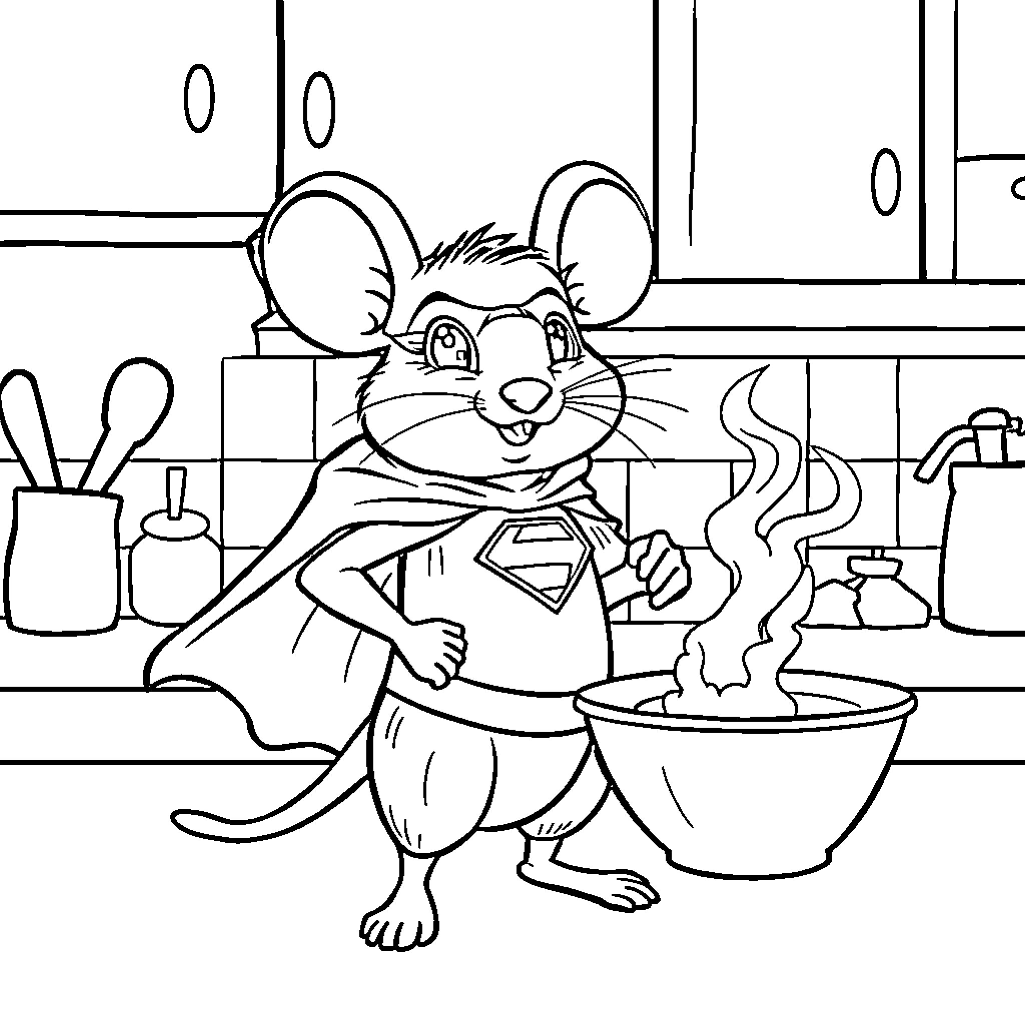 Mouse cooking a meal in the kitchen Coloring Page (free black-and-white line drawing printable PDF for all, from beginners to advanced learners, including children, teens, adults, and seniors)