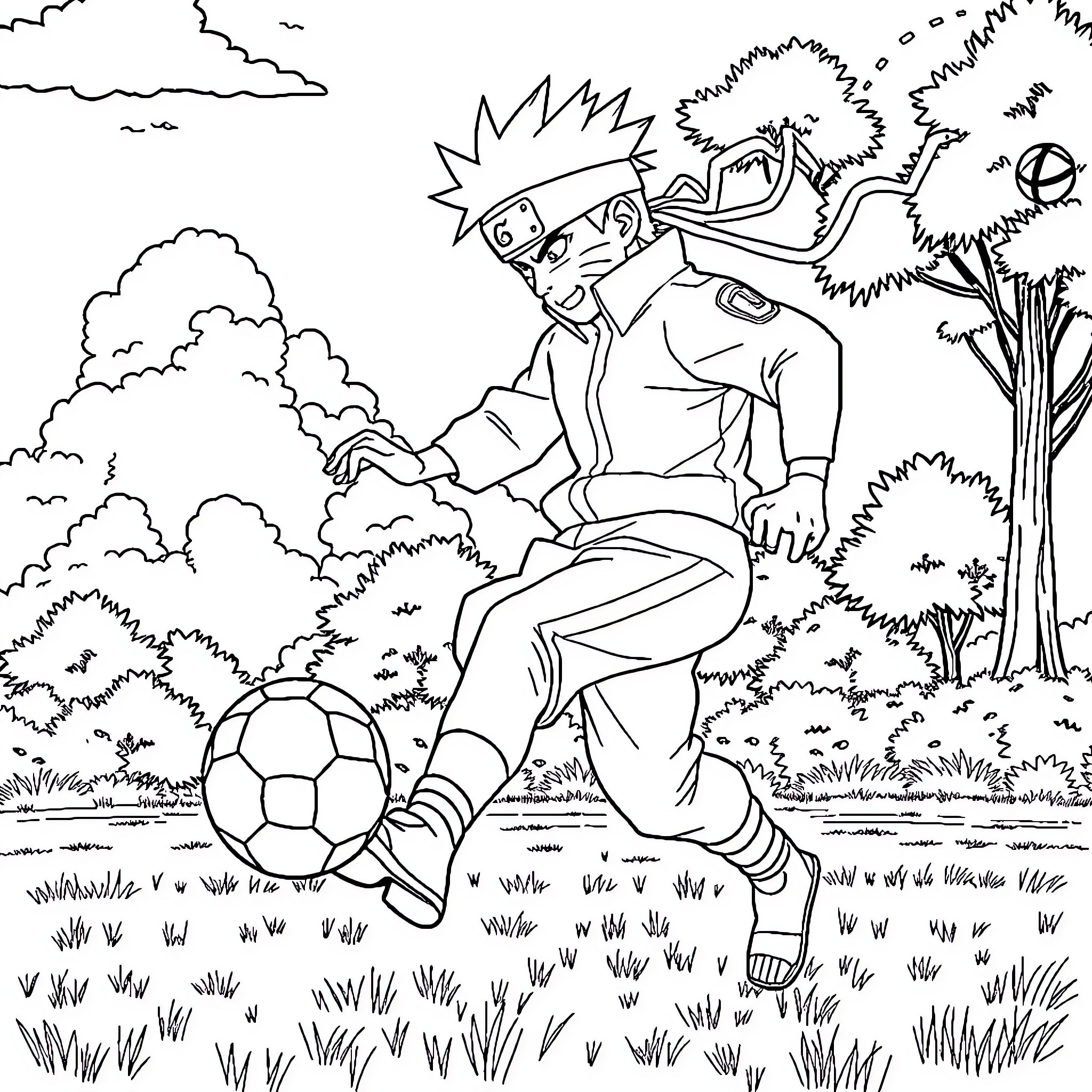 Naruto playing soccer in the forest Coloring Page (free black-and-white line drawing printable PDF for all, from beginners to advanced learners, including children, teens, adults, and seniors)