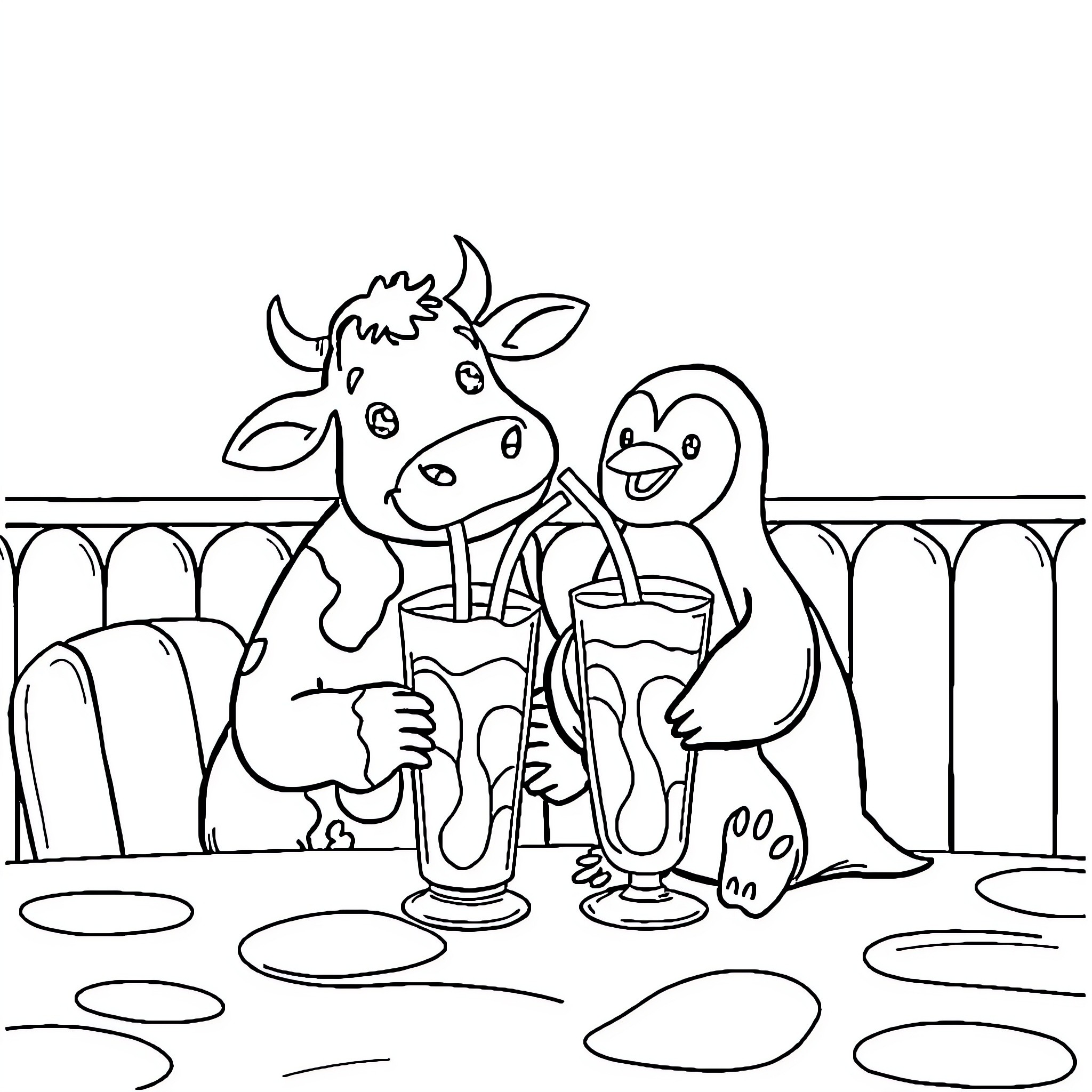 Cow and Duck Enjoying Milkshakes Together Coloring Page (free black-and-white line drawing printable PDF for all, from beginners to advanced learners, including children, teens, adults, and seniors)