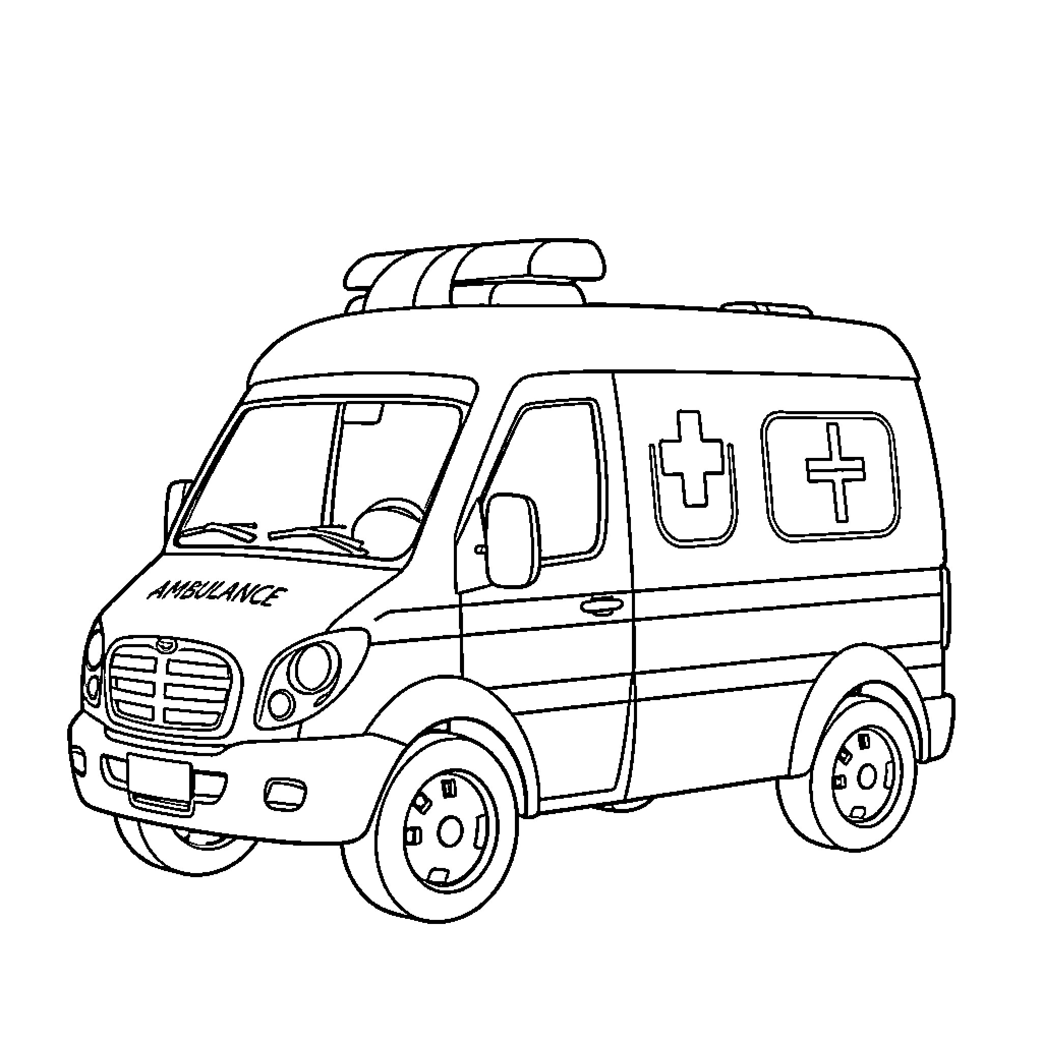 Ambulance rushing to emergency with medical symbols Coloring Page (free black-and-white line drawing printable PDF for all, from beginners to advanced learners, including children, teens, adults, and seniors)