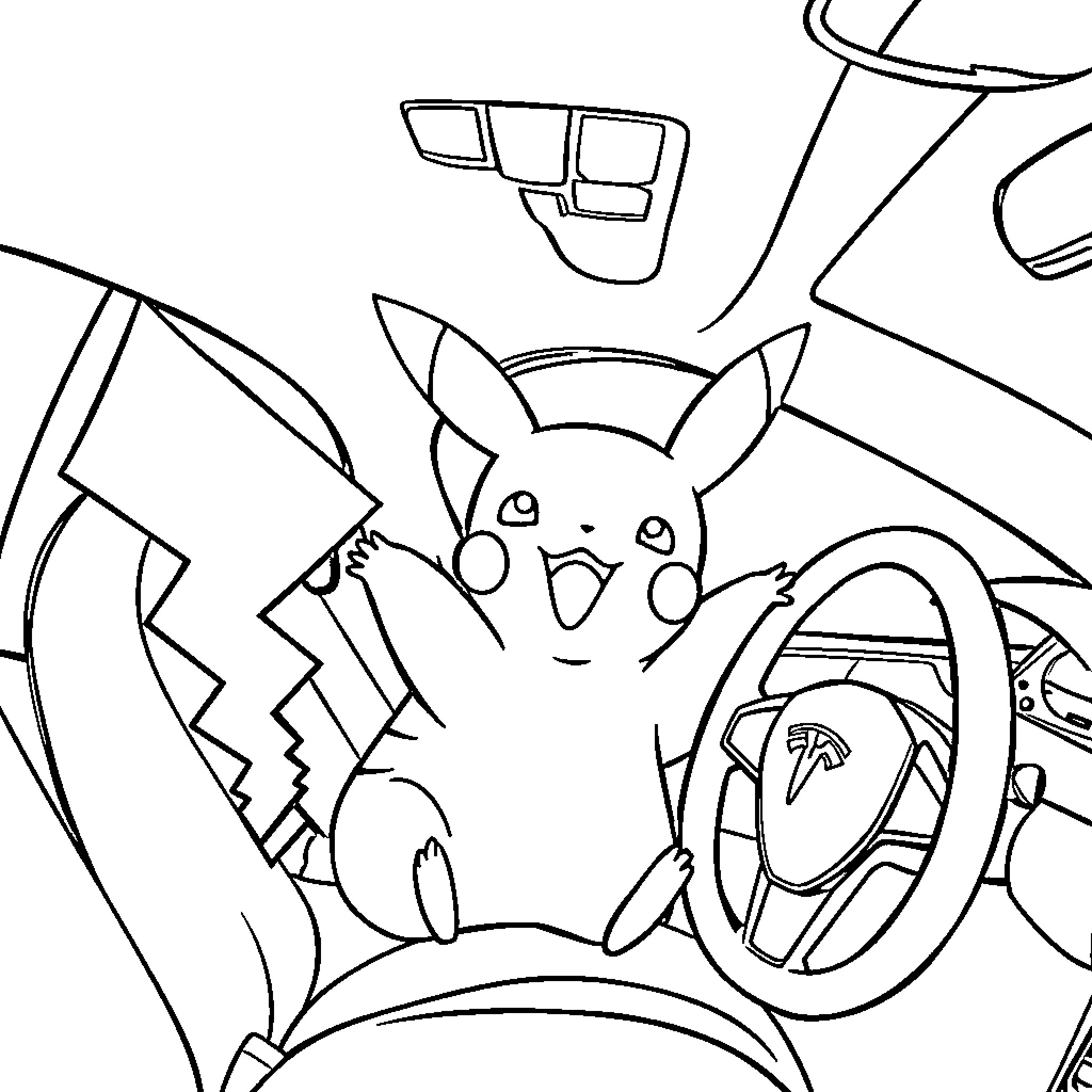 Pikachu's Adventurous Journey in a Fantastical Scene Coloring Page (free black-and-white line drawing printable PDF for all, from beginners to advanced learners, including children, teens, adults, and seniors)