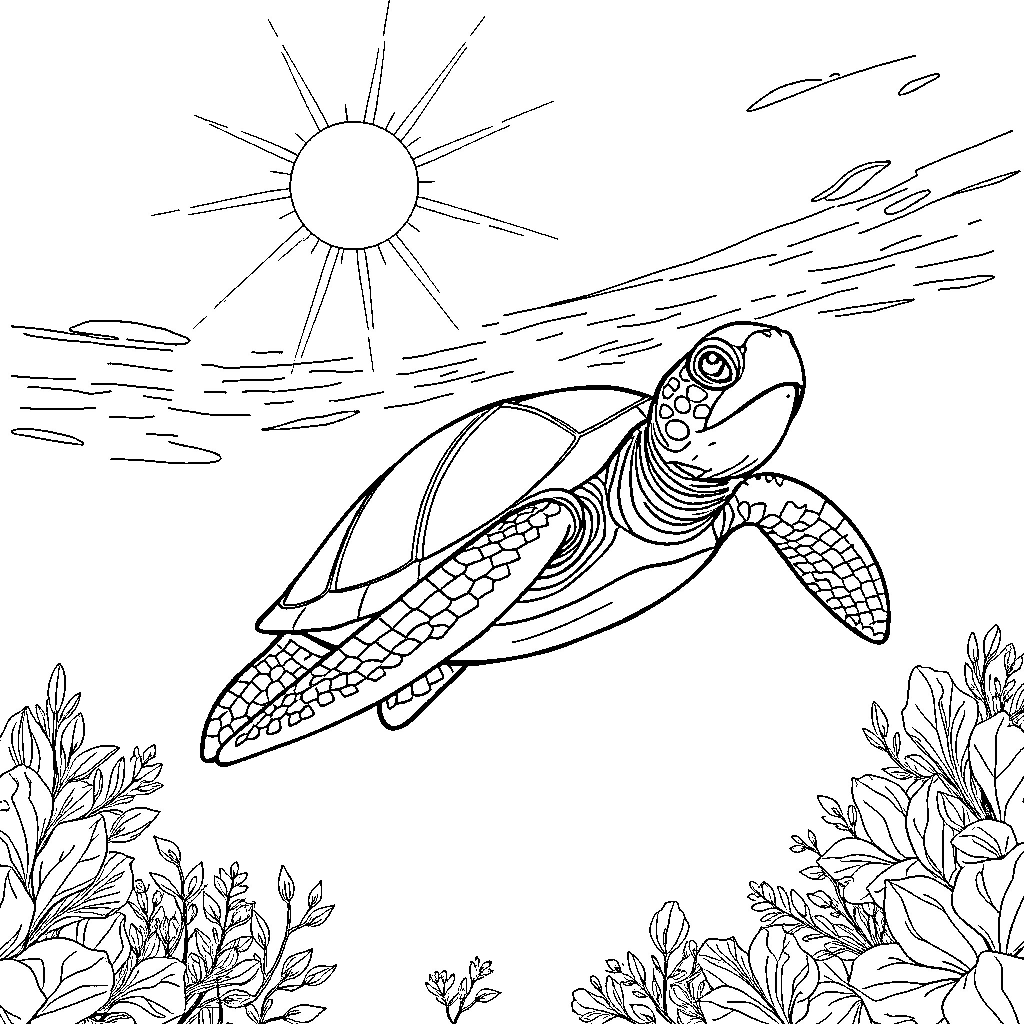 Turtle swimming under the sun Coloring Page (free black-and-white line drawing printable PDF for all, from beginners to advanced learners, including children, teens, adults, and seniors)
