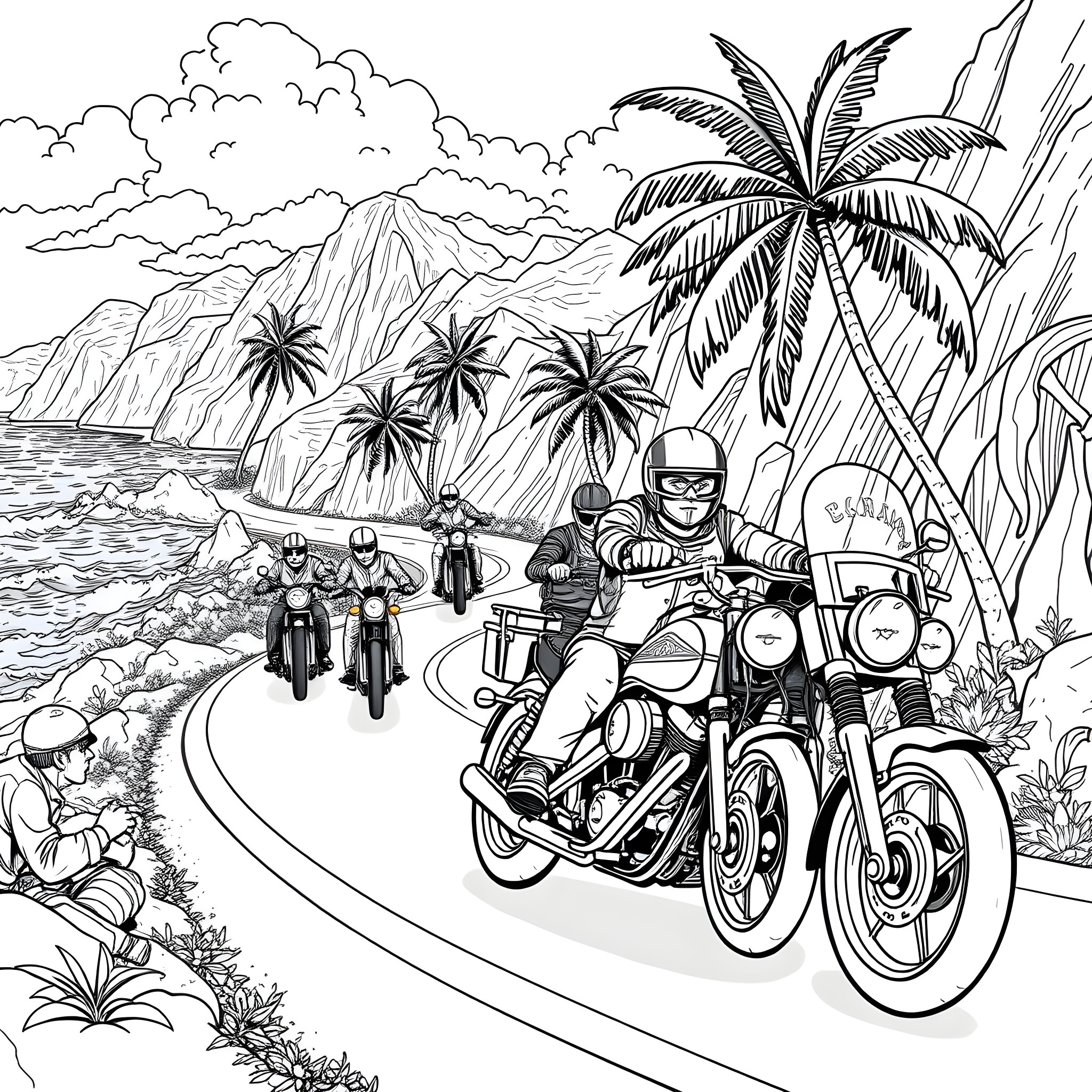 Son Riding Motorcycles on Tropical Beach Adventure Coloring Page (free black-and-white line drawing printable PDF for all, from beginners to advanced learners, including children, teens, adults, and seniors)