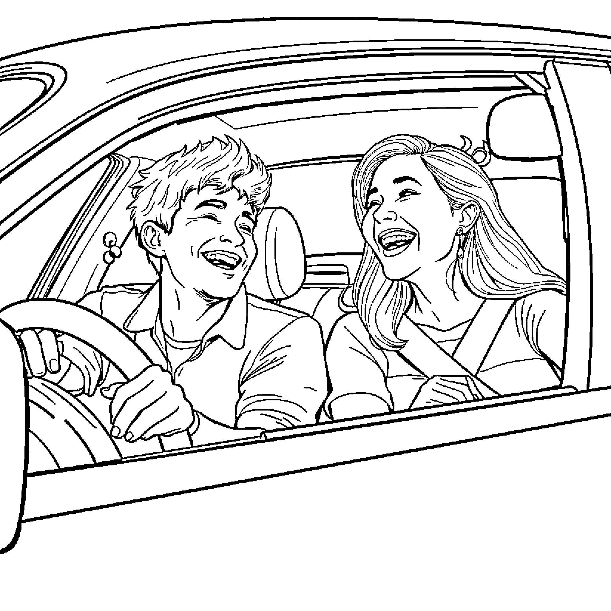 Man and woman enjoying a joyful drive together Coloring Page (free black-and-white line drawing printable PDF for all, from beginners to advanced learners, including children, teens, adults, and seniors)