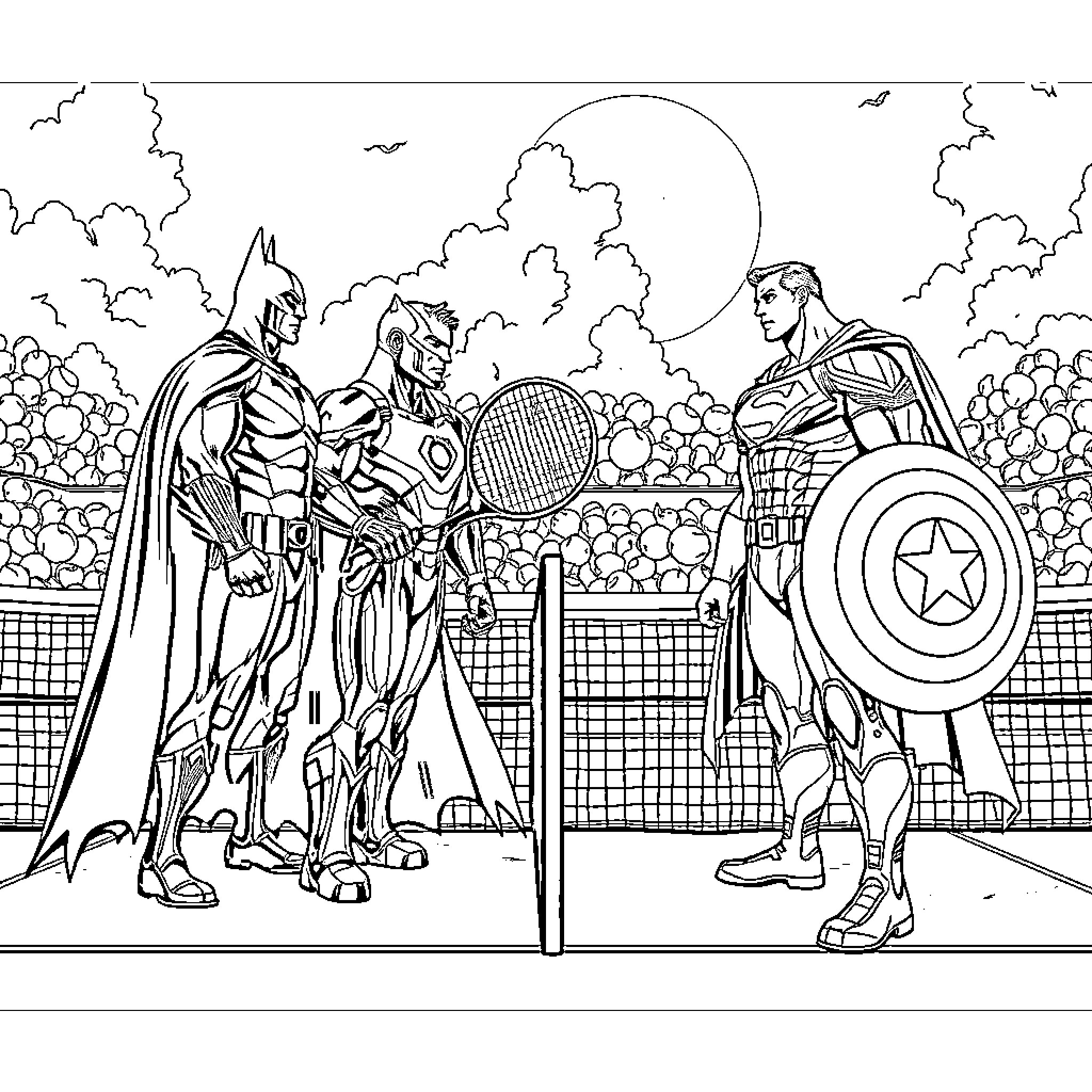 Superheroes in Action on the Tennis Court Coloring Page (free black-and-white line drawing printable PDF for all, from beginners to advanced learners, including children, teens, adults, and seniors)