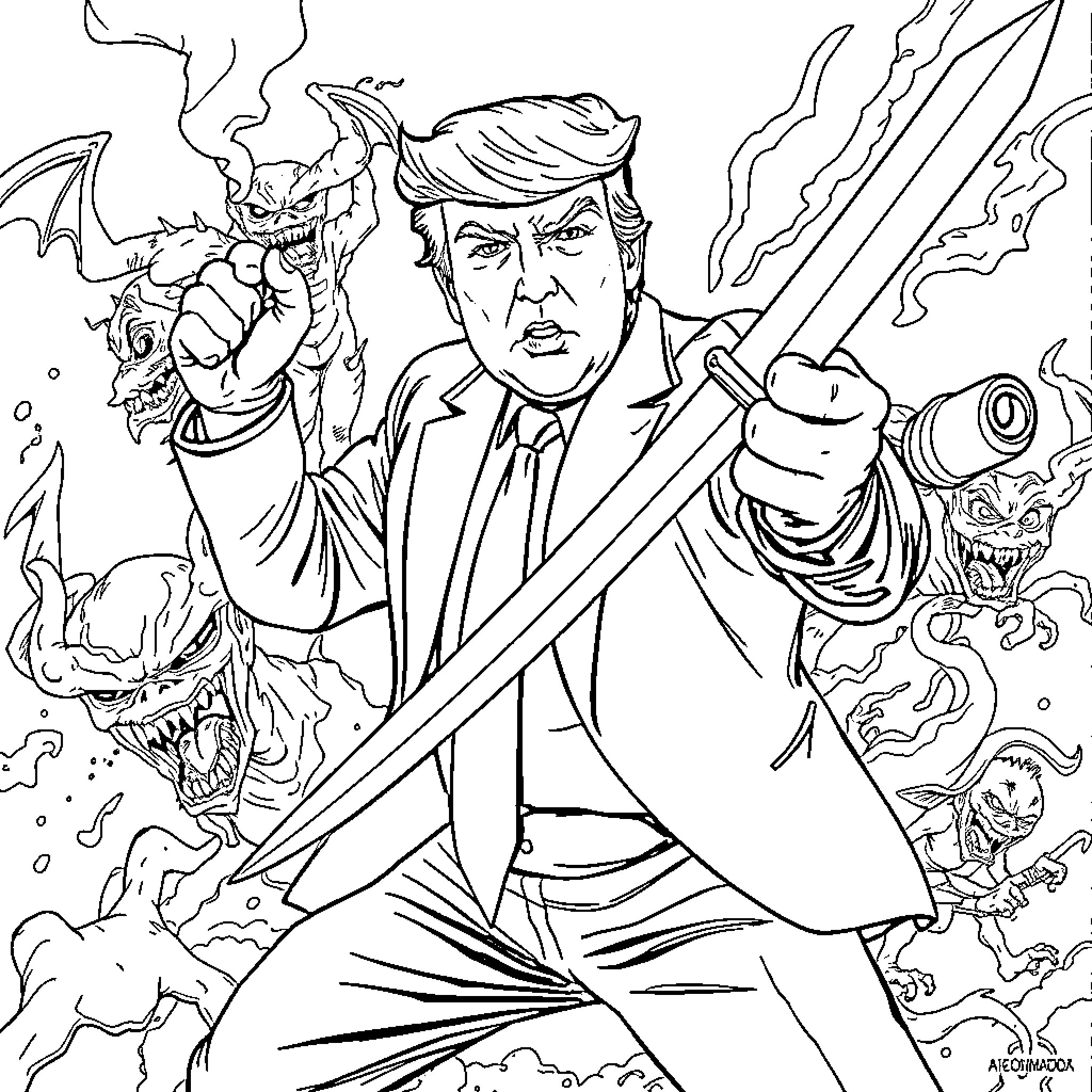 Donald Trump battling monsters and demons in a surreal scene Coloring Page (free black-and-white line drawing printable PDF for all, from beginners to advanced learners, including children, teens, adults, and seniors)