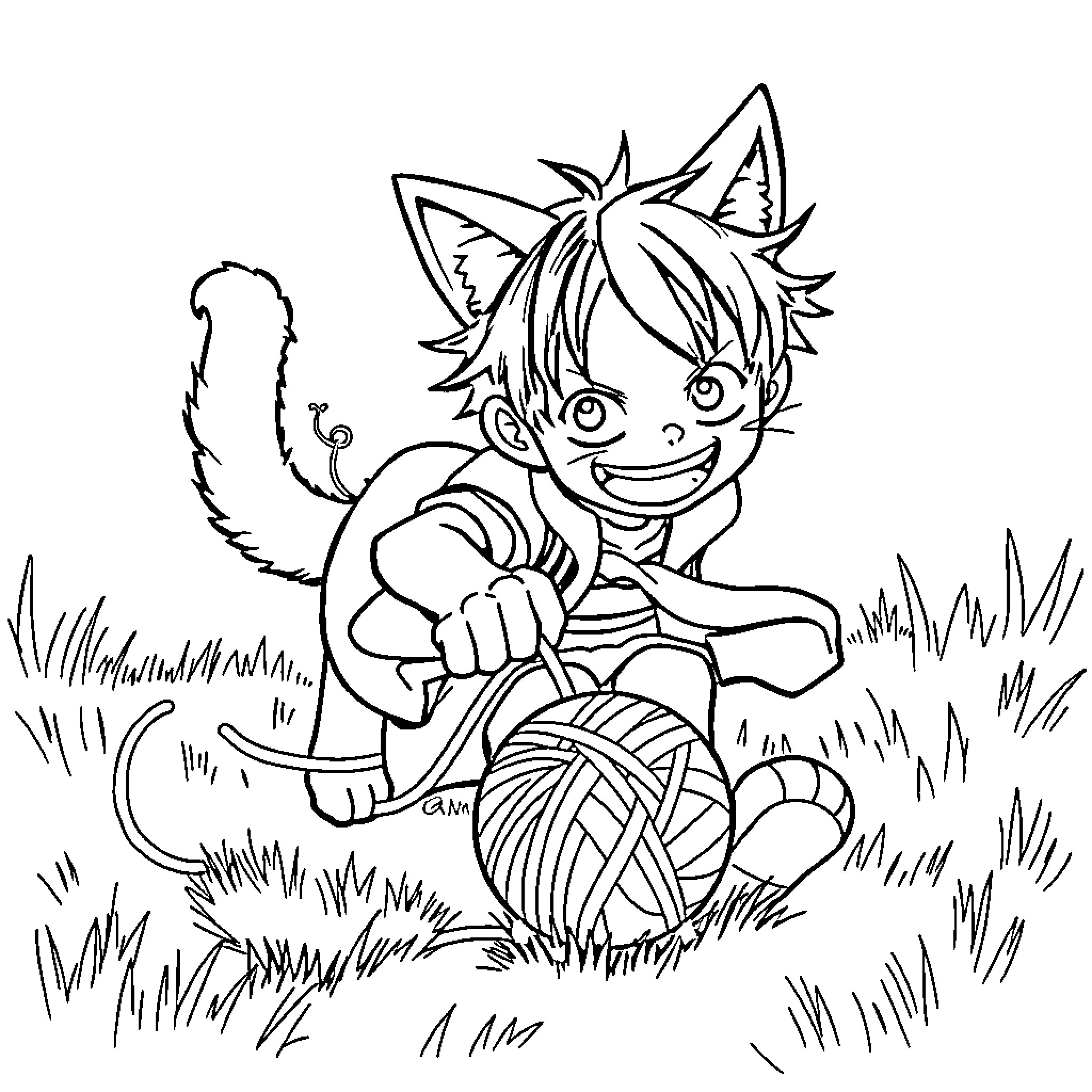 Luffy playing cheerfully with yarn in the field Coloring Page (free black-and-white line drawing printable PDF for all, from beginners to advanced learners, including children, teens, adults, and seniors)