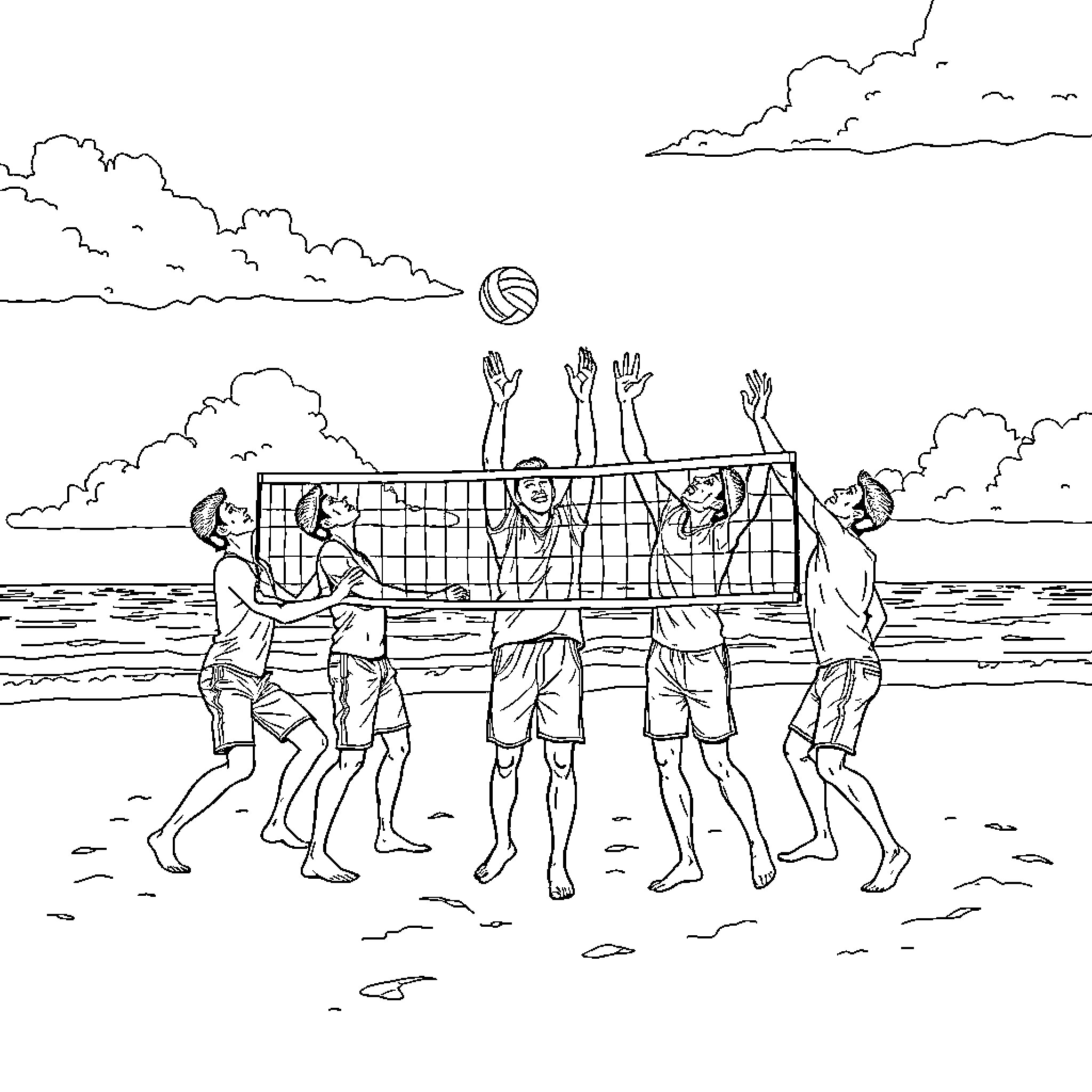 Man playing beach volleyball with friends Coloring Page (free black-and-white line drawing printable PDF for all, from beginners to advanced learners, including children, teens, adults, and seniors)