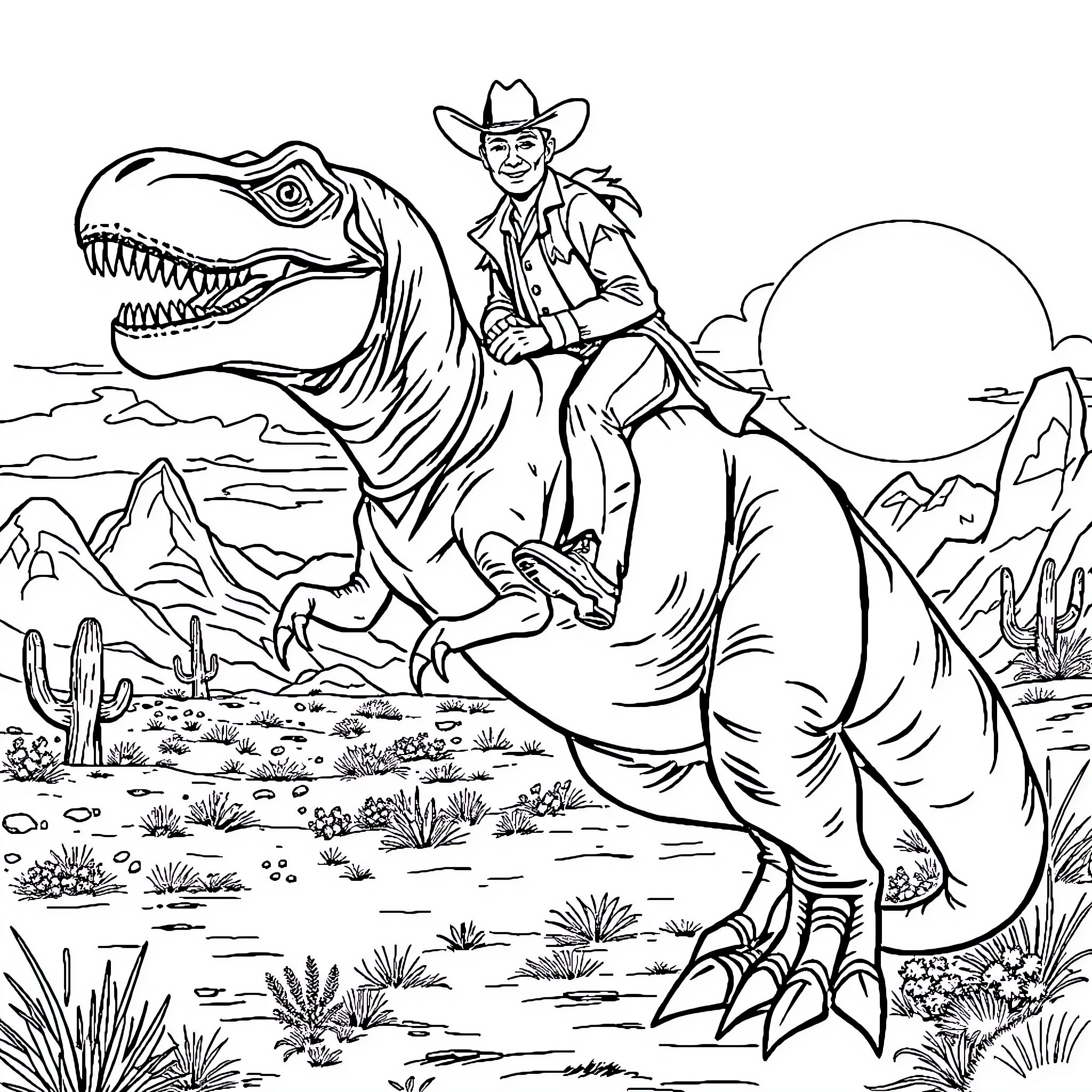 Cowboy riding a fierce dinosaur in the desert Coloring Page (free black-and-white line drawing printable PDF for all, from beginners to advanced learners, including children, teens, adults, and seniors)
